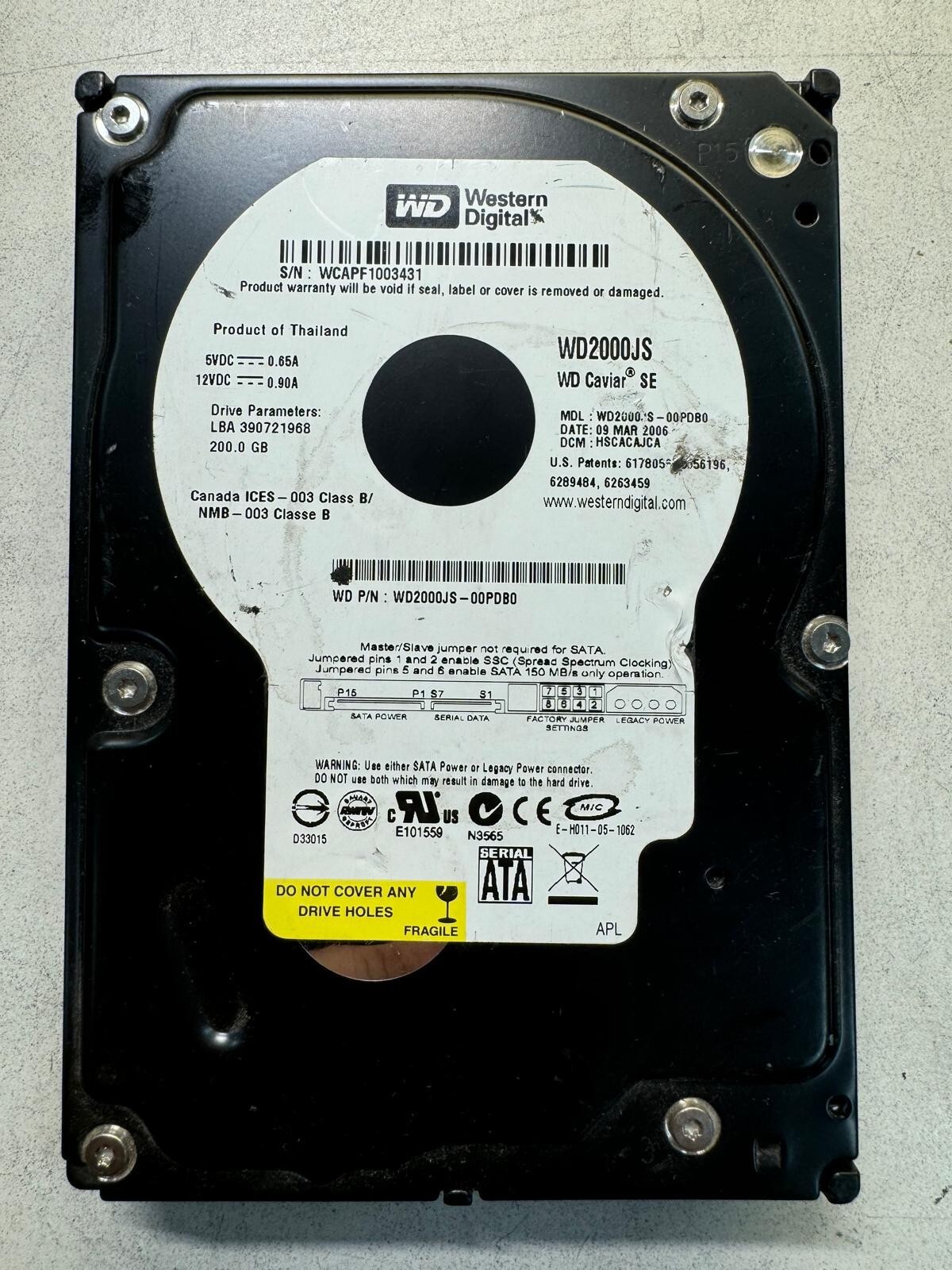 WD WD2000JS-00PDB0 200GB 7.2K RPM Cache 8MB 3 Gb/s SATA HDD