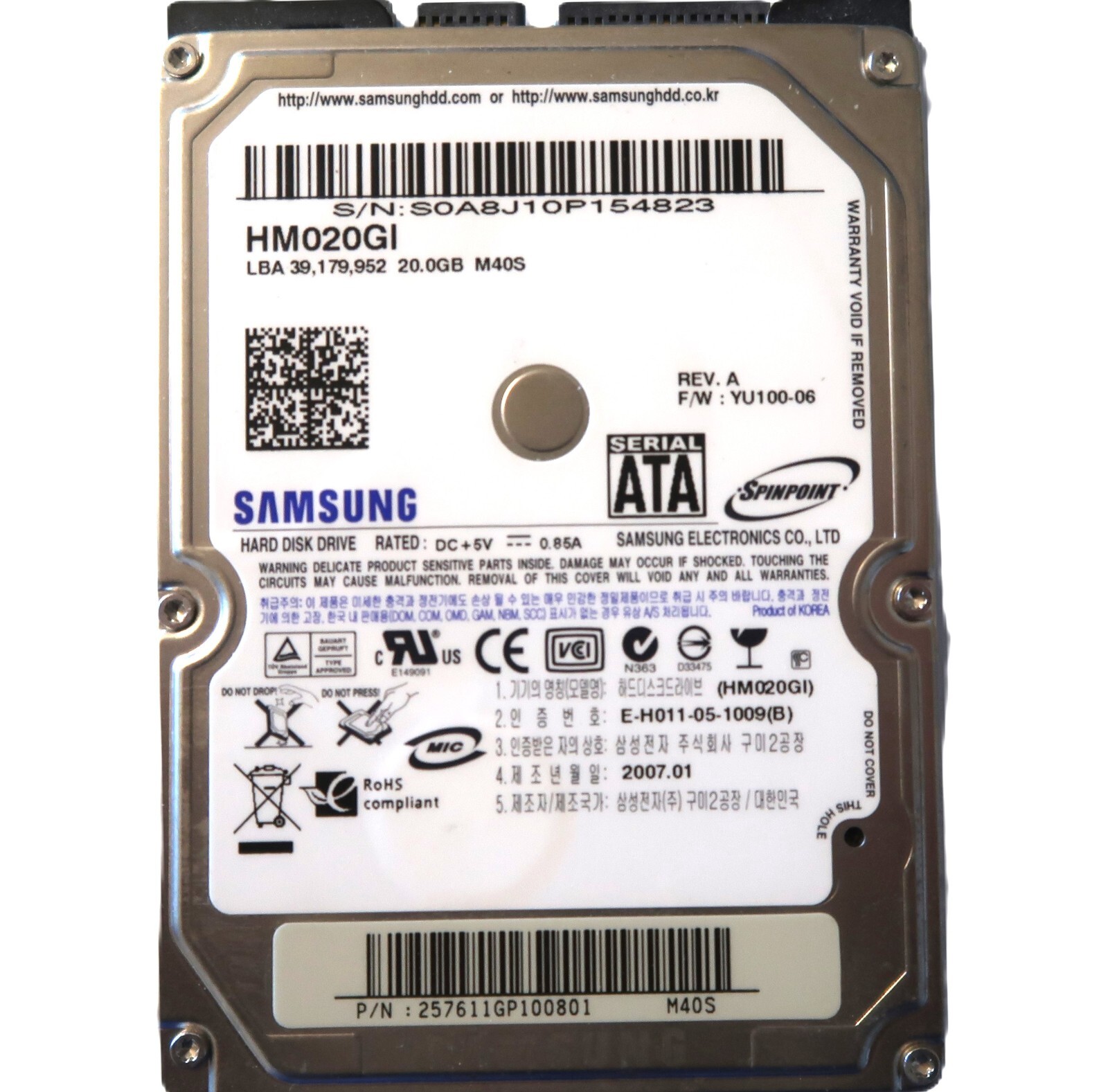 Samsung HM020GI YU100-06 REV A (S0A8) M40S 2.5" 20gb Sata HDD 2007.01
