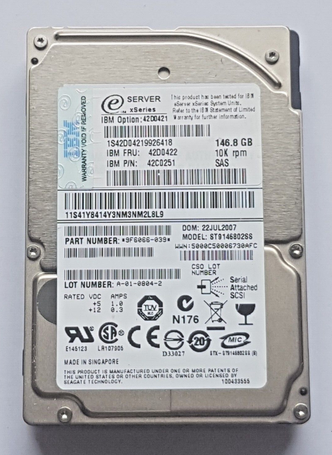 146.8GB SAS IBM xSeries 42D0421 ST9146802SS 10K RPM HDD 2.5" Internal Hard Drive