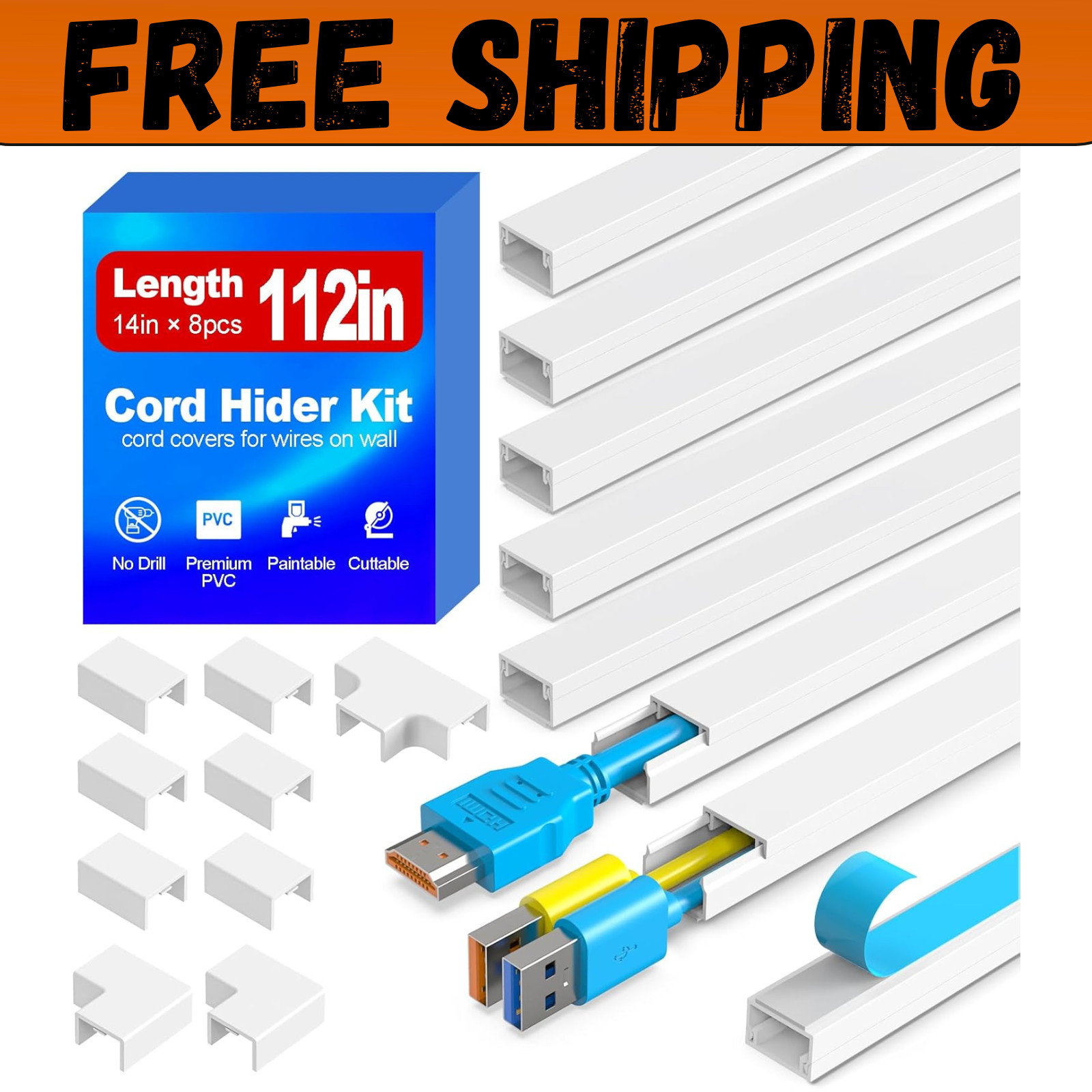 112in Cord Hider Kit, Cord Covers for Wires on Wall, Premium One-Cord Cable Hide