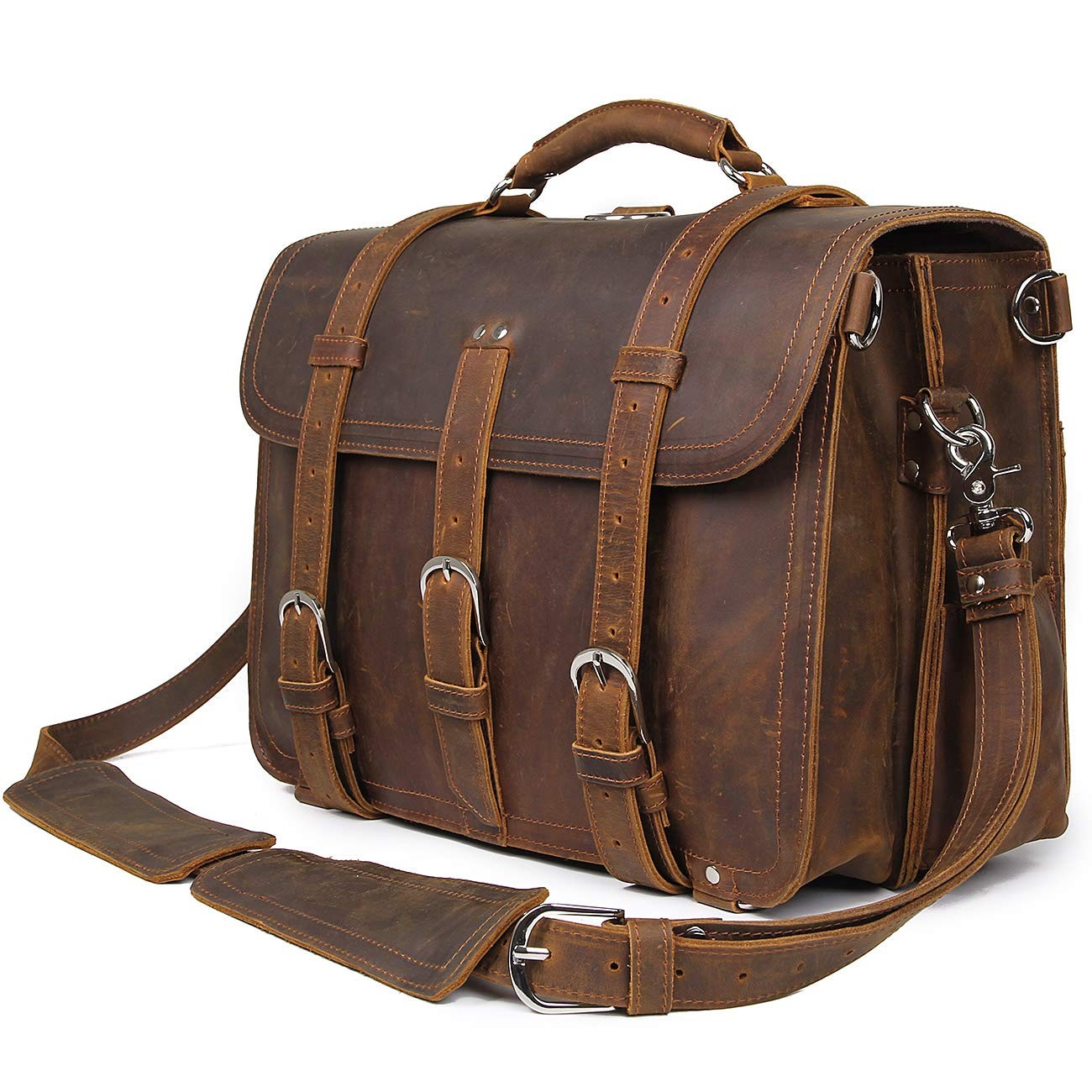 Polare Thick Full Grain Leather 16'' Briefcase Shoulder Messenger Bag For Men Fi