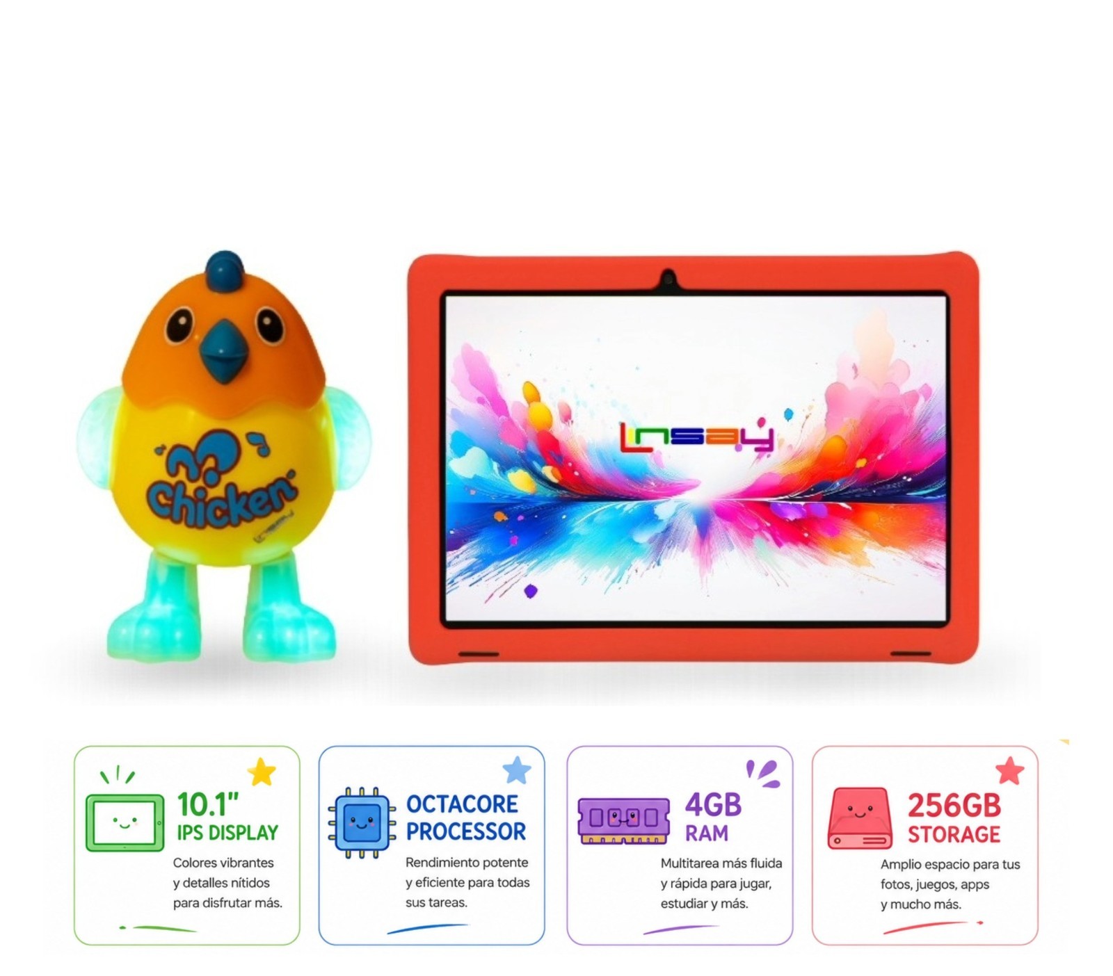 2026 LINSAY Tablet for kids w/ Chicken toy OCTA-CORE 256 GB ANDROID 15 Red
