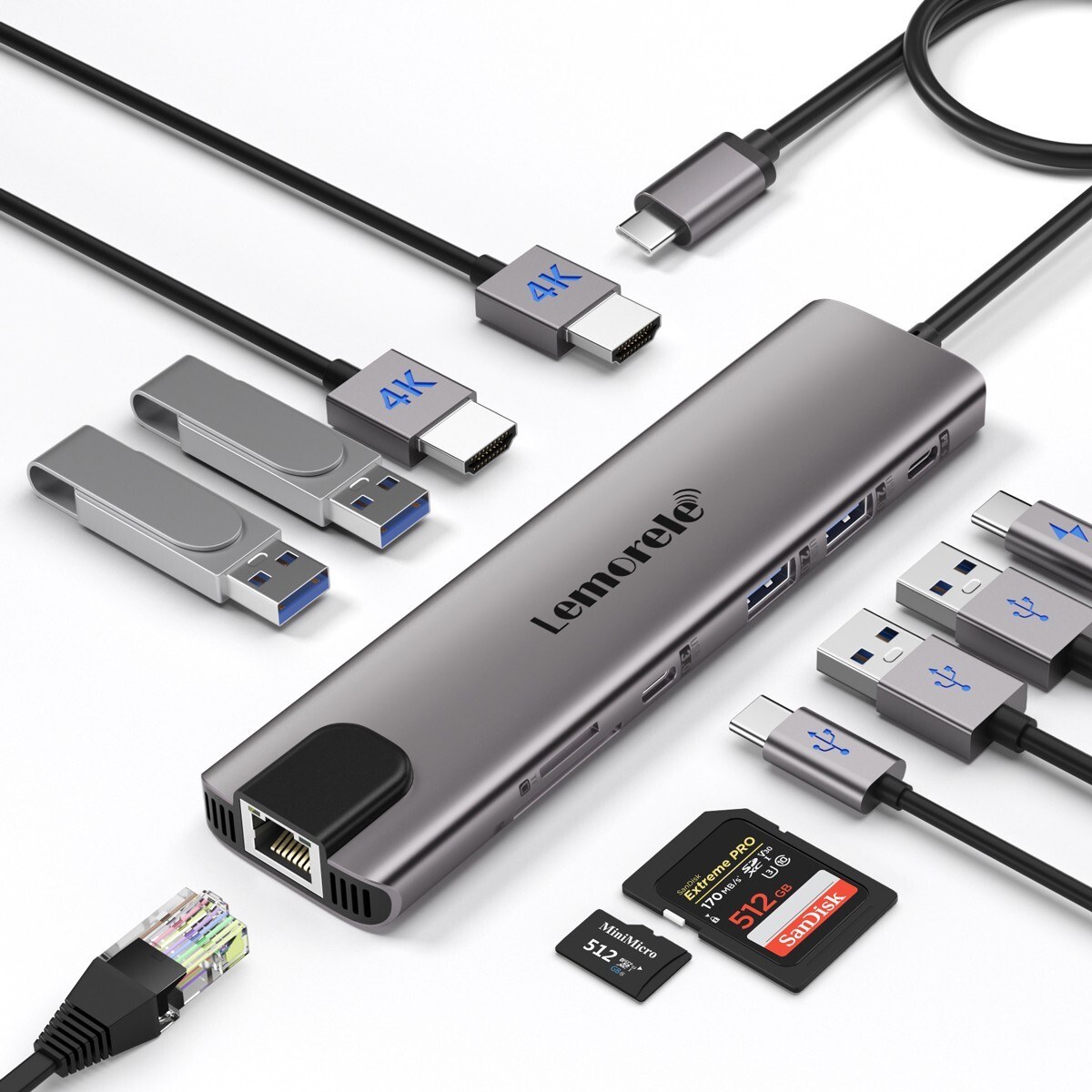 Lemorele Adapter Hub Usb-c A Hdmi 4k+usb 3.0+rj45+pd100w，Suitable for laptop /PC
