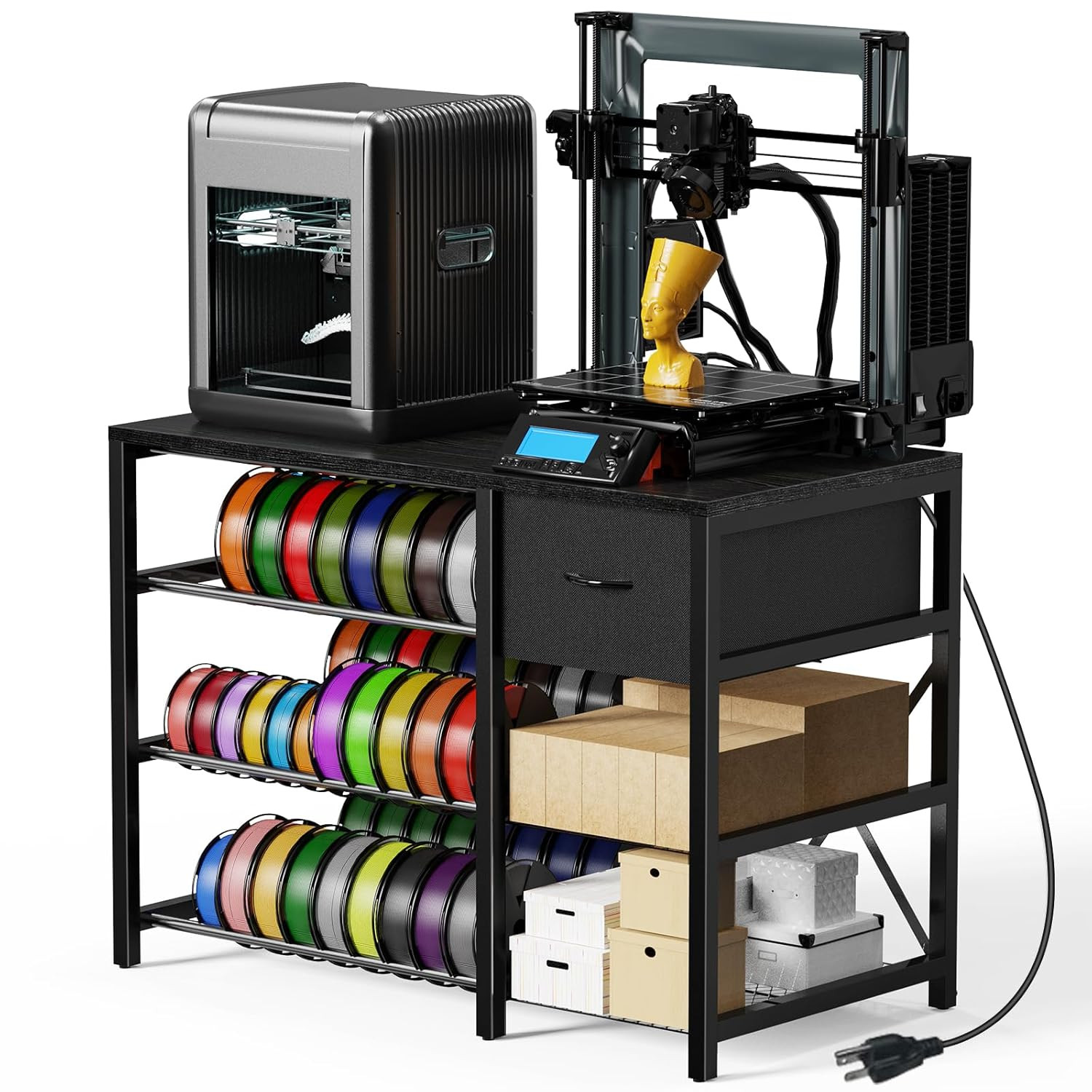 3D Printer Stand with Filament Storage Rack, Black 3D Printer Table with Power O