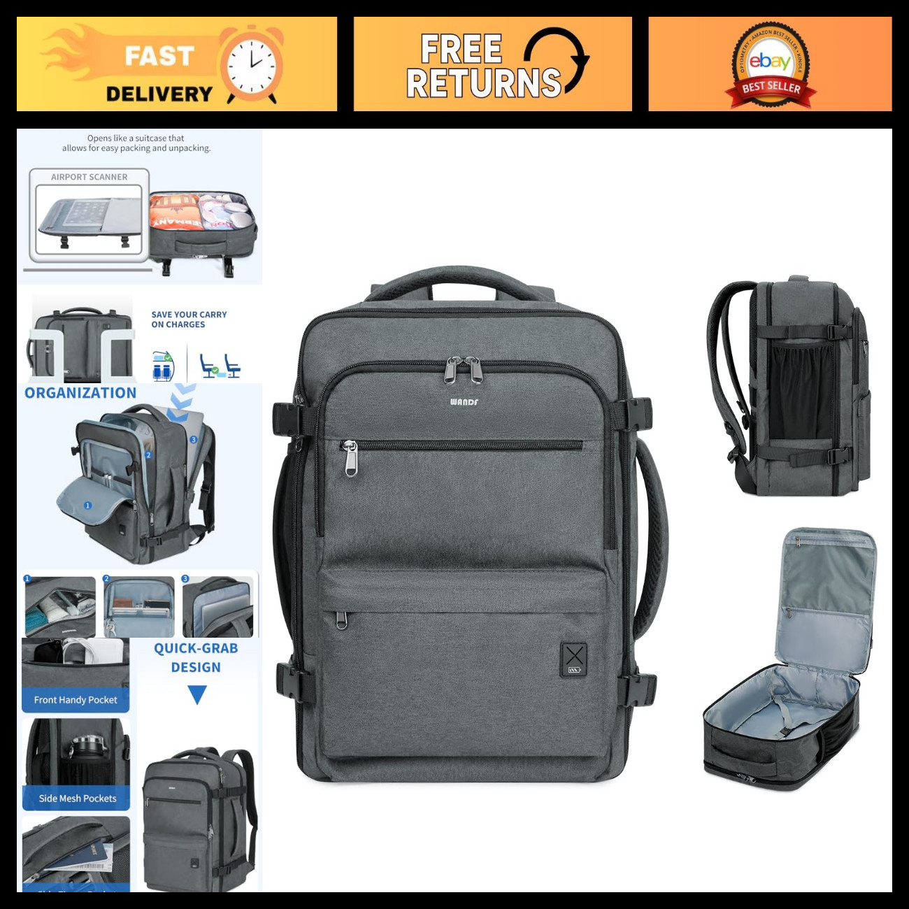 Travel Backpack for Laptop, Personal Item Carry-On Bag 18x14x8 - Grey