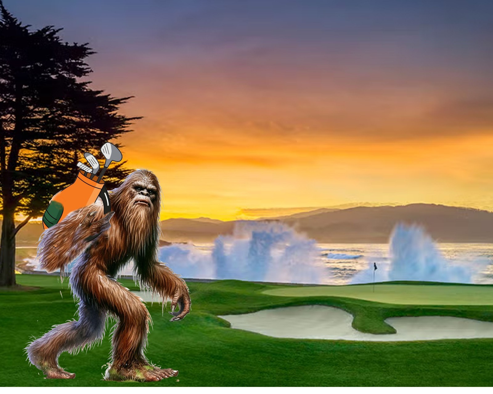Bigfoot Plays Pebble Beach Golf Course  Mousepad 7 x 9 Vintage mouse pad Fun