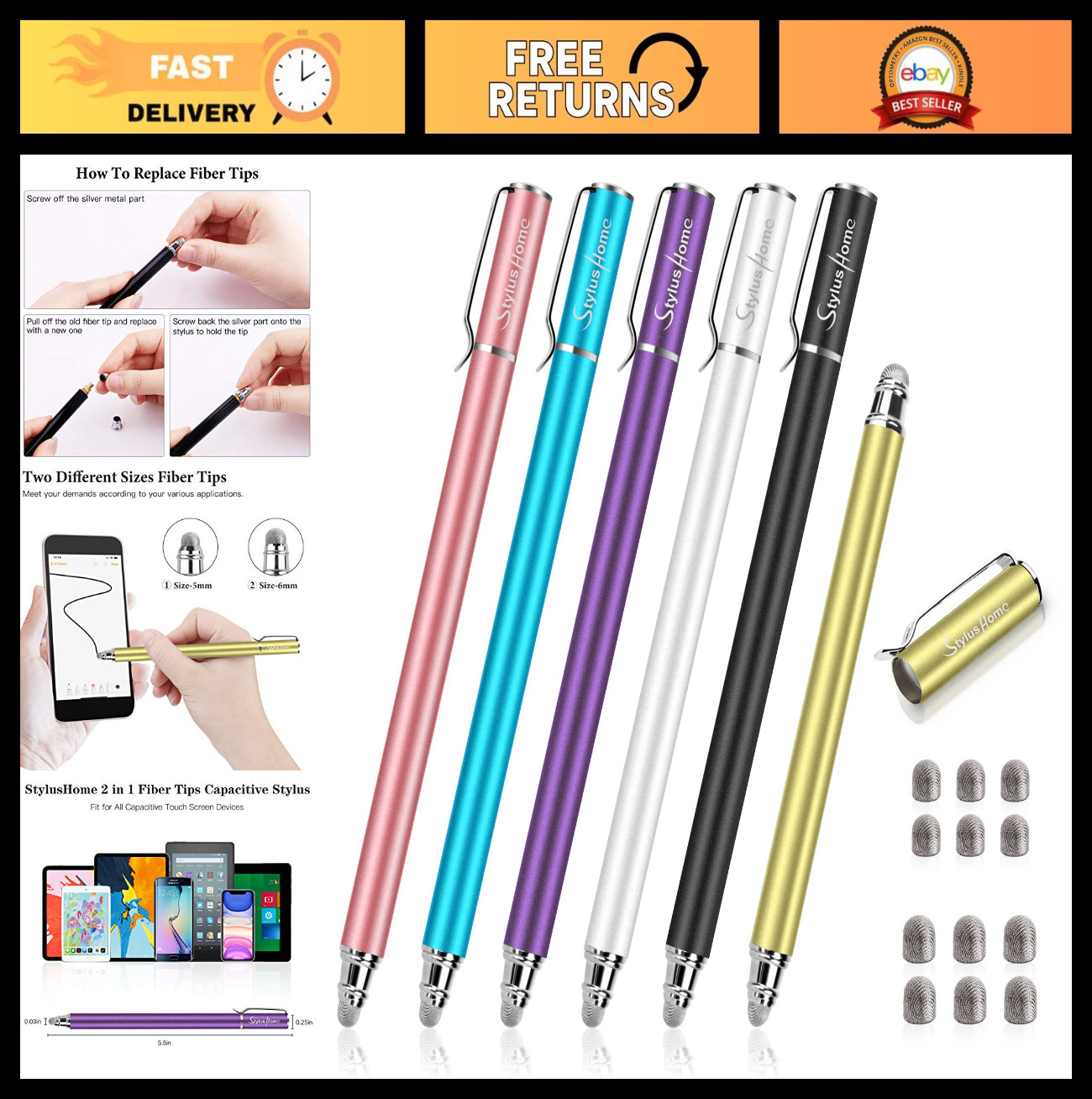 Stylus Pens for Touch Screens(6 Pcs), 2 in 1 Fiber Tips Capacitive Stylus