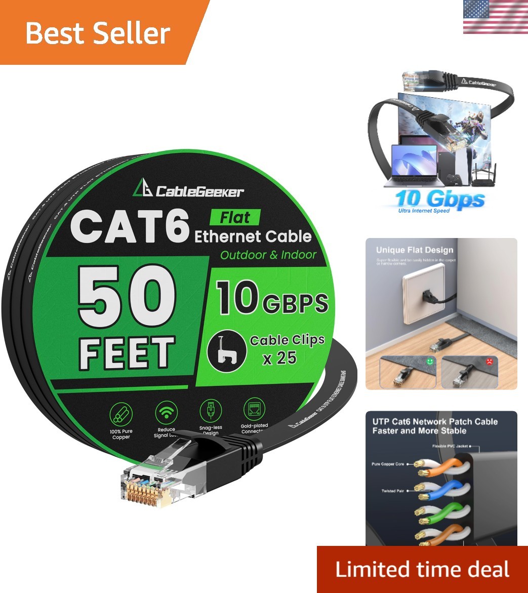 Durable 50 ft Cat 6 Ethernet Cable - High-Speed 10Gbps for Indoor & Outdoor Use