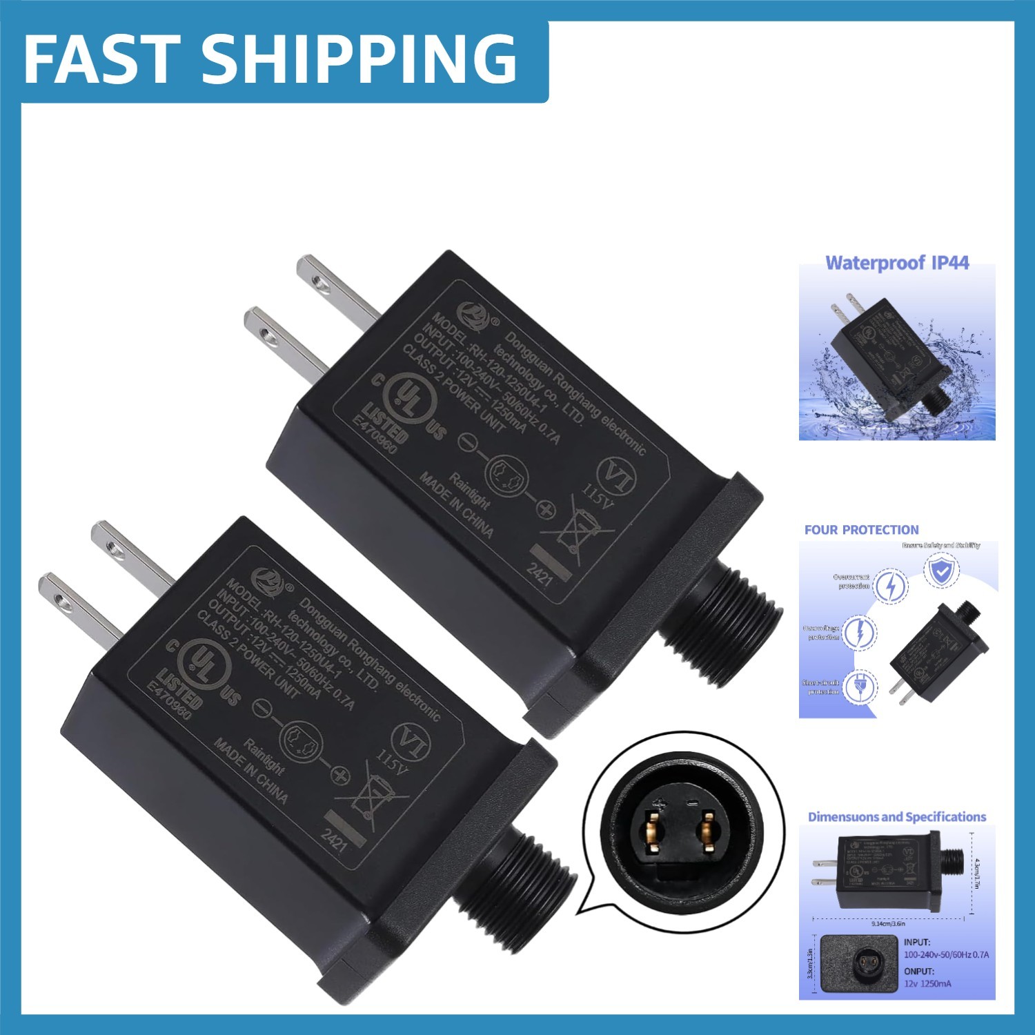 2-Pack -Certified 12V Replacement Adapter for Holiday Inflatable Decorations