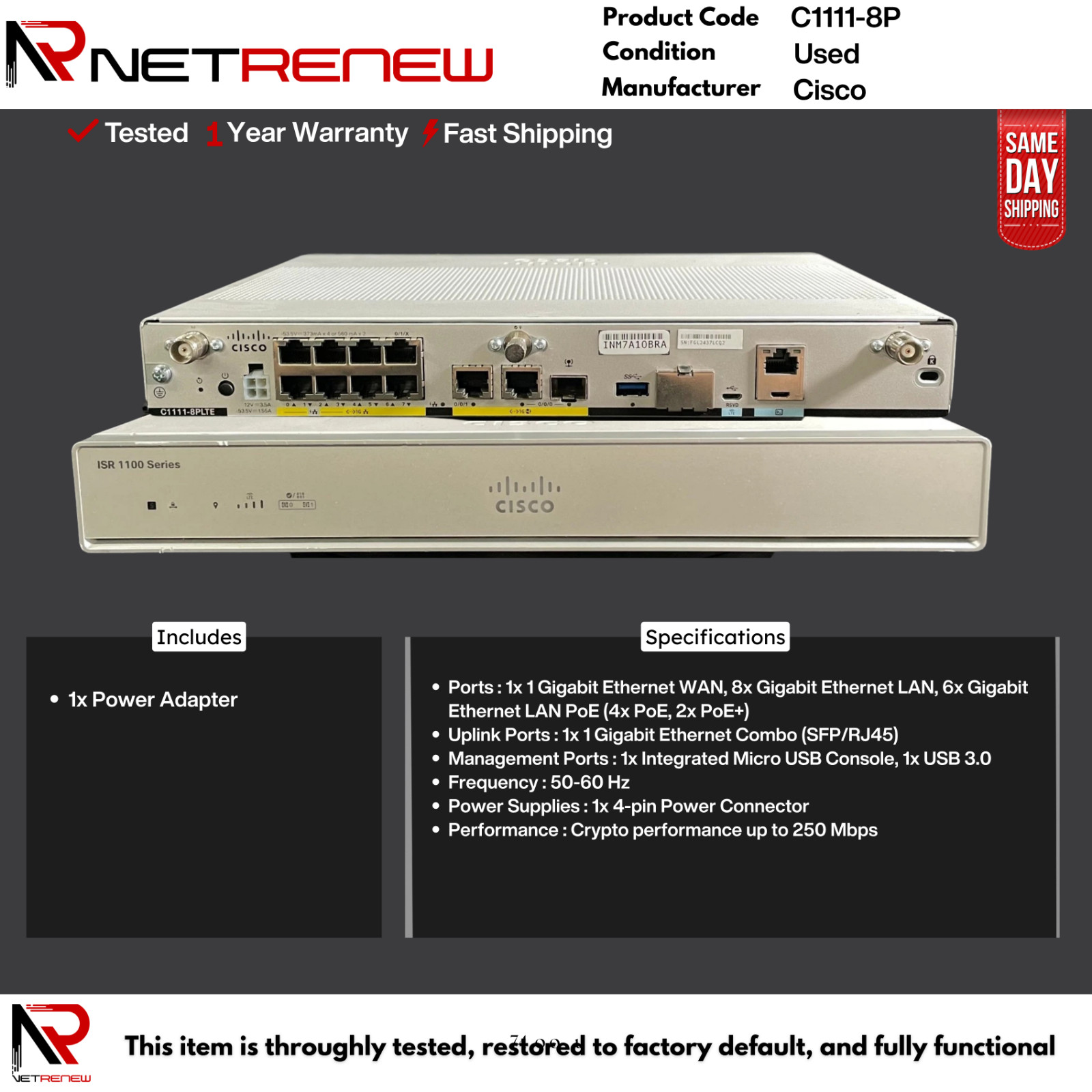 C1111-8P  Cisco ISR Integrated Services Router 8 Port Gigabit w/ Power Adapter
