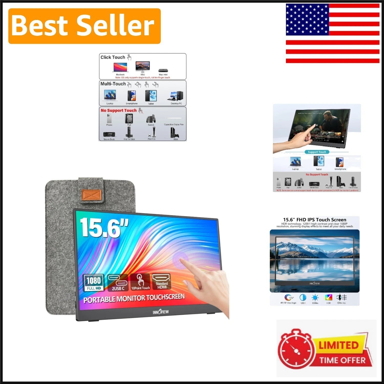 Ultra-Slim 15.6" Full HD Monitor - 10-Point Touchscreen for Travel & Work