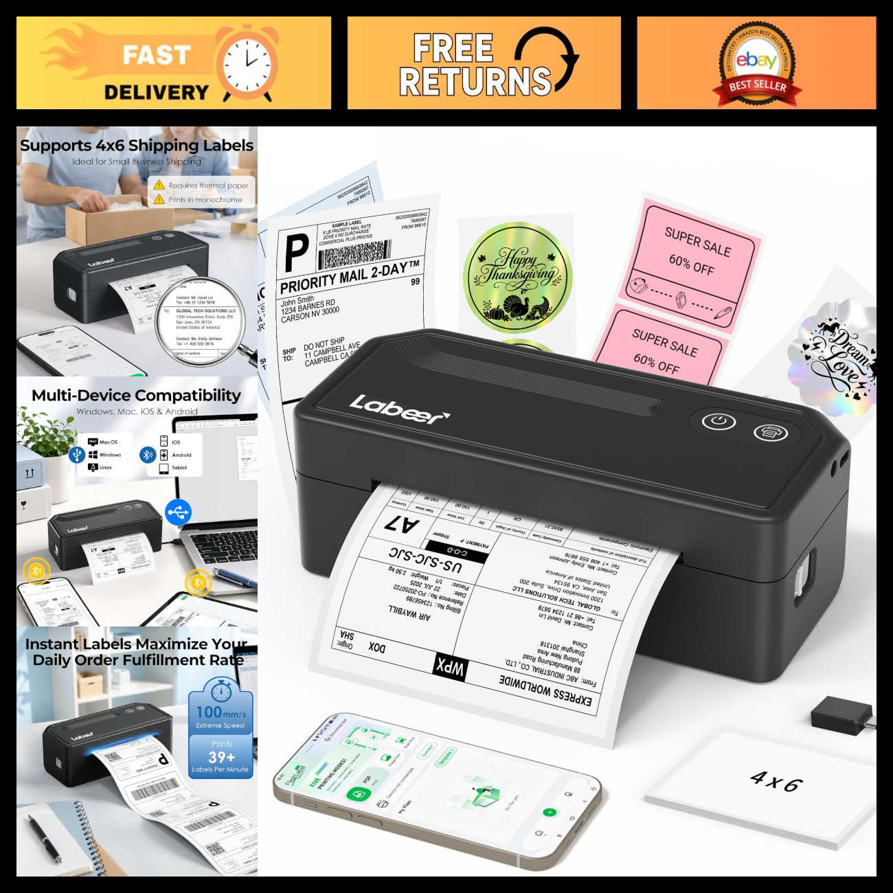 Wireless Bluetooth Thermal Shipping Label Printer - 4x6 Label Maker, Easy Setup
