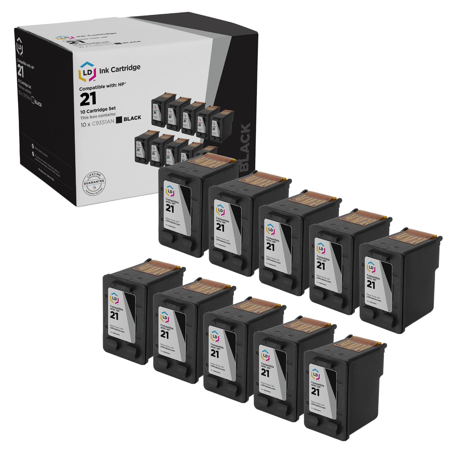 LD Reman Replacement Ink Cartridges for HP 21 C9351AN Black 10pk
