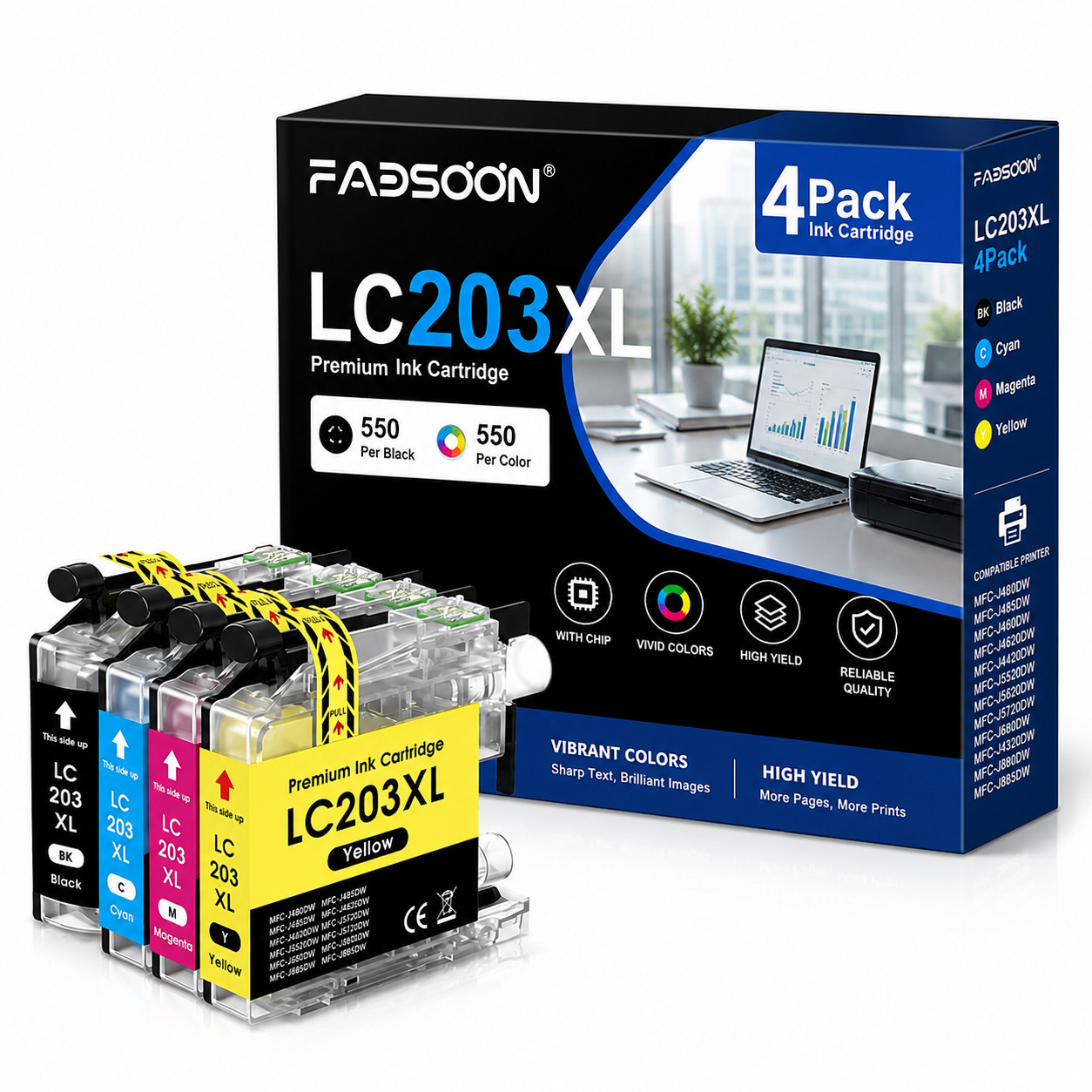 LC203XL 4PK BK/C/M/Y Ink Cartridge Set MFC-J4320DW MFC-J4420DW MFC-J4620DW 