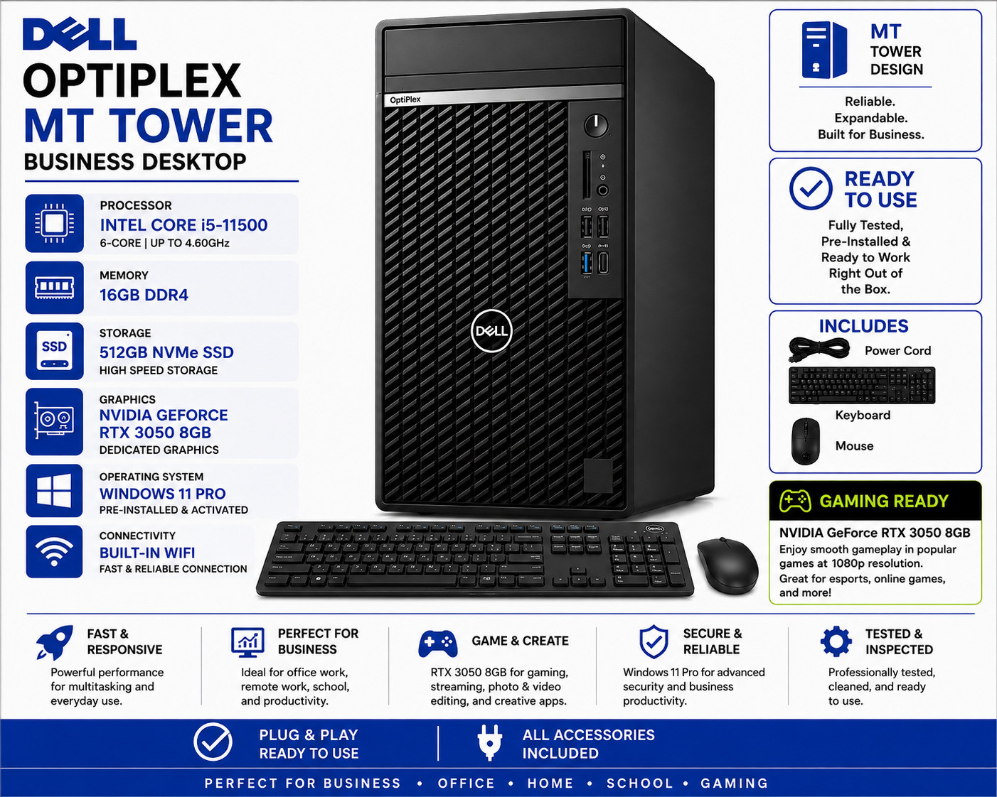 Dell OptiPlex MT i5-11500 16GB RAM 512GB NVMe SSD RTX 3050 Win11 Gaming PC Wifi