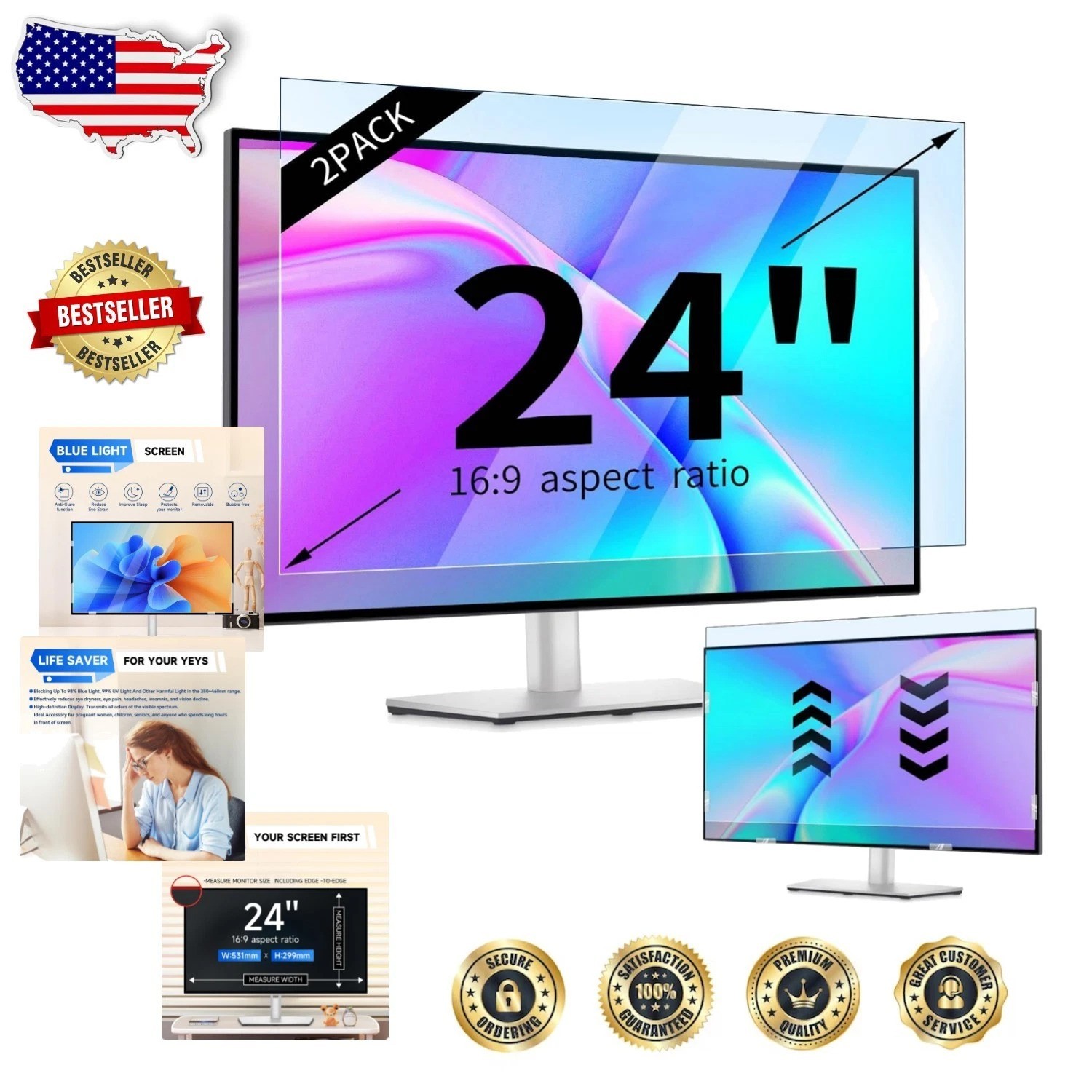 24 Inch Monitor Screen Protector 2pk Anti Blue Light Glare HD