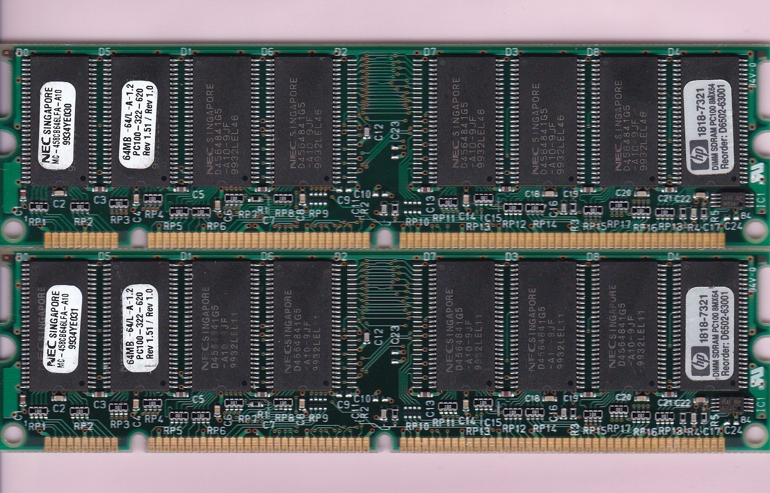 128MB 2x64MB PC-100 NEC MC-458C8646LFA-A10 HP 1818-7321 PC100 SDR 8Mx64 RAM Kit