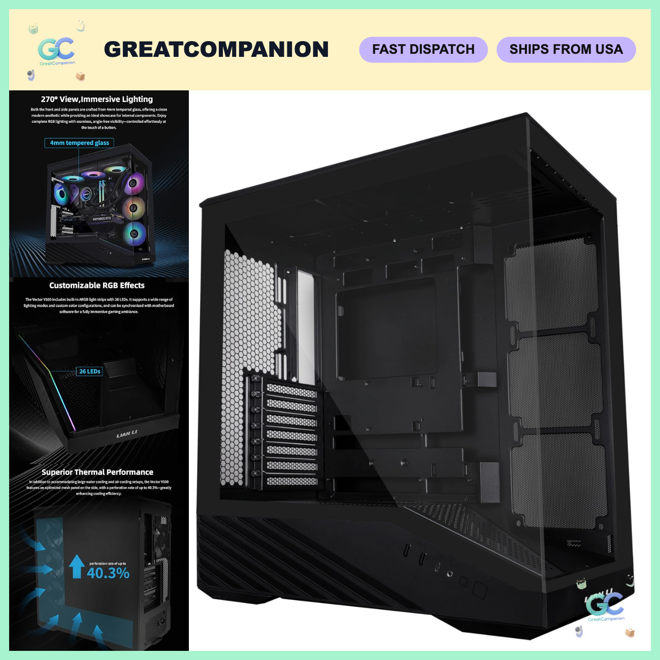 ATX Mid-Tower PC Case - Tempered Glass, Black, RGB Fans, Easy Cable Management