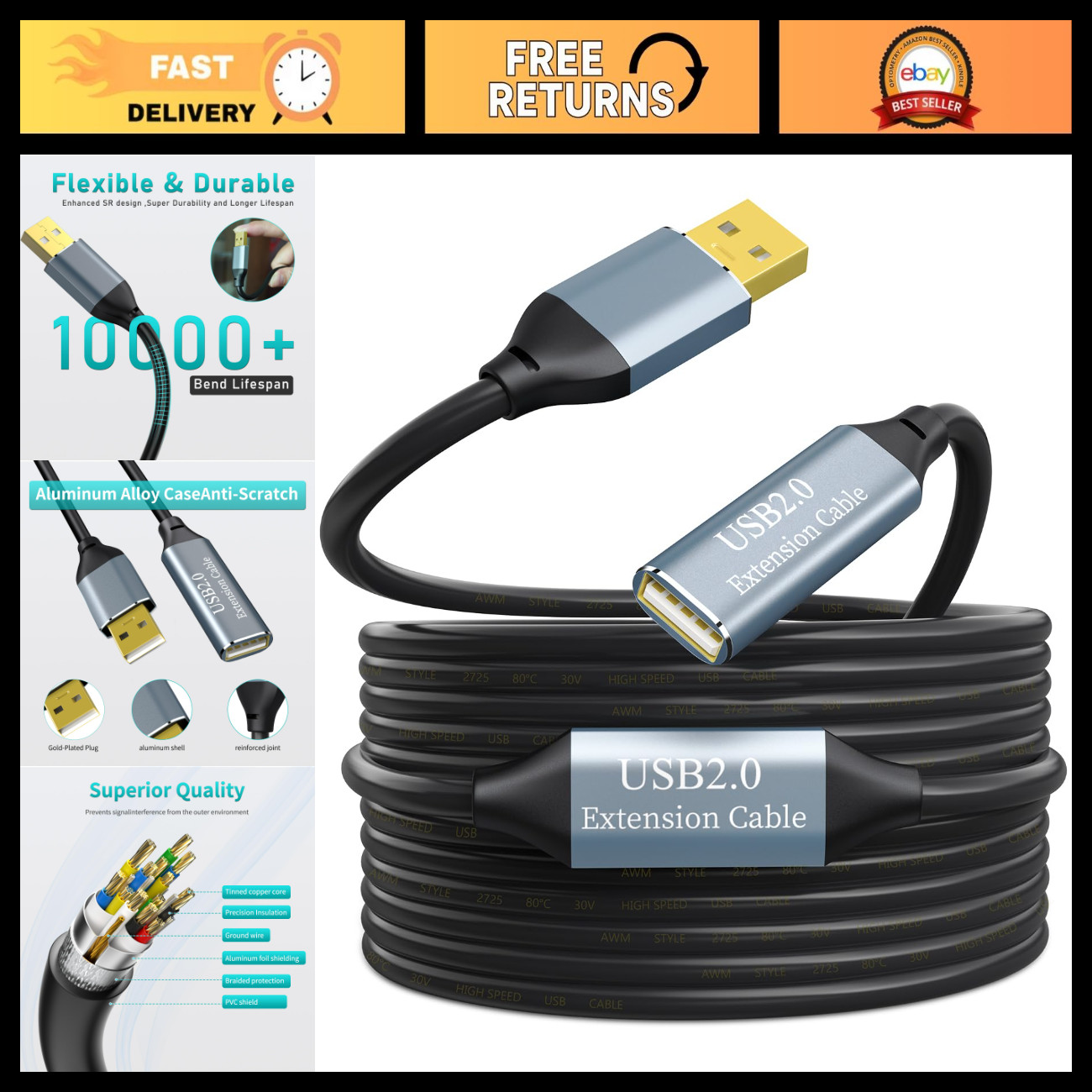 65FT Active USB Extension Cable, USB 2.0 Male to Female, High Speed 480Mbps, Sig
