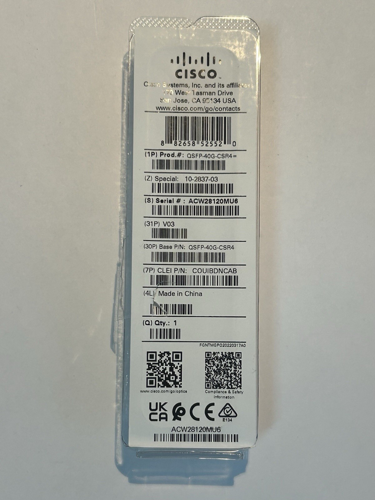Cisco QSFP-40G-CSR4 10-2837-03 40GBASE-CSR4 Optical Transceiver New In Clam