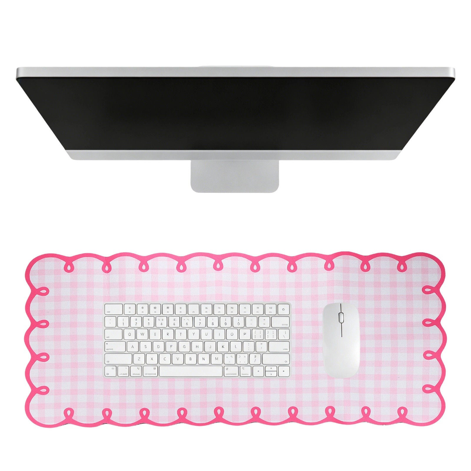 Scalloped Desk Mat, 31.5 x 15.7" Checkered Large Mouse Pad, Light Pink