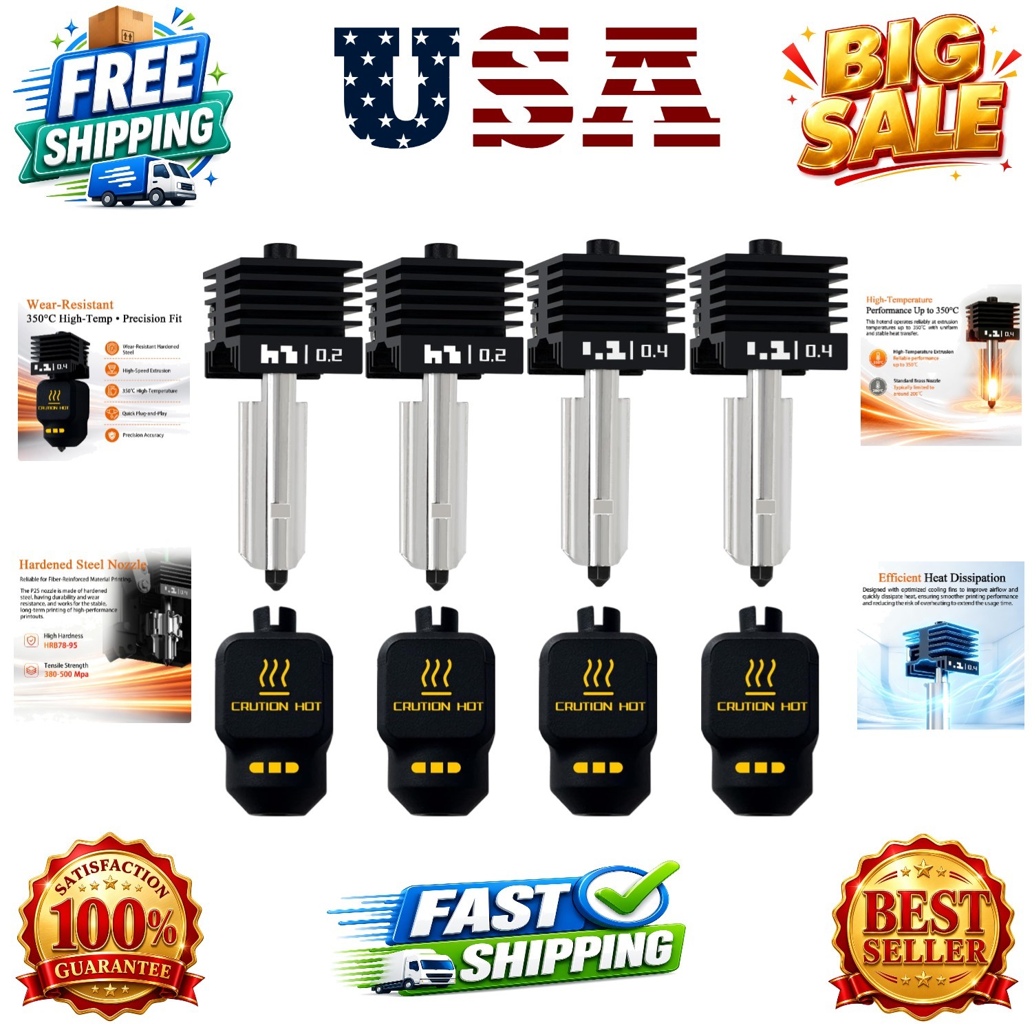 4‑Pack 0.2mm/0.4mm P2S Hotend for Bambu Lab X2D/H2D/H2S/A1/A1 Mini Combo | Cl...