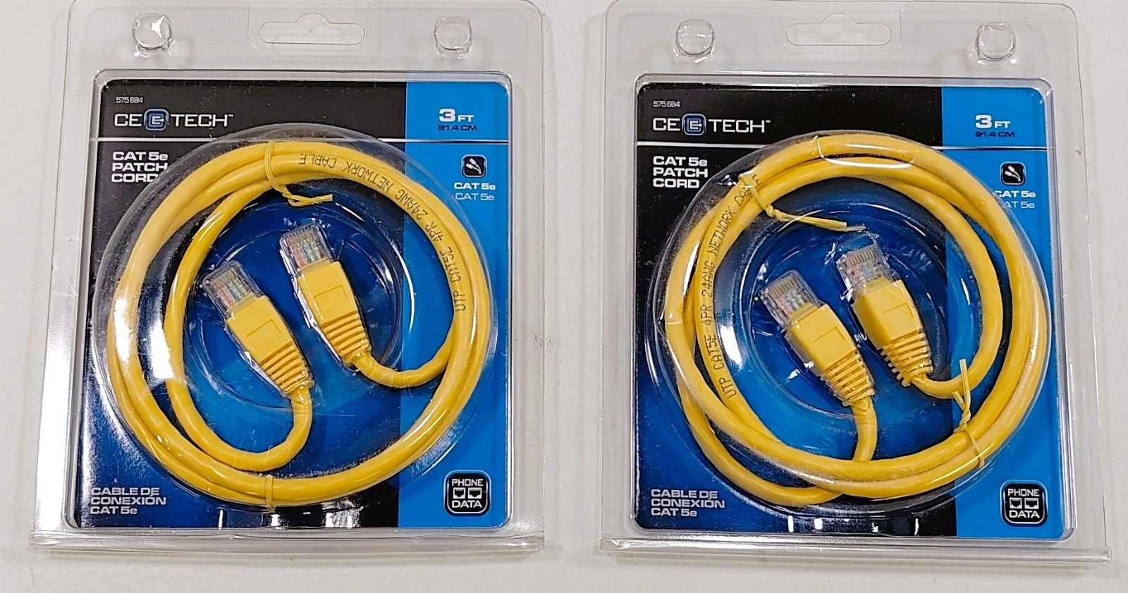 CE TECH CAT 5e PATCH CORD SKU #575684 3ft Yellow Cable - Lot Of 2