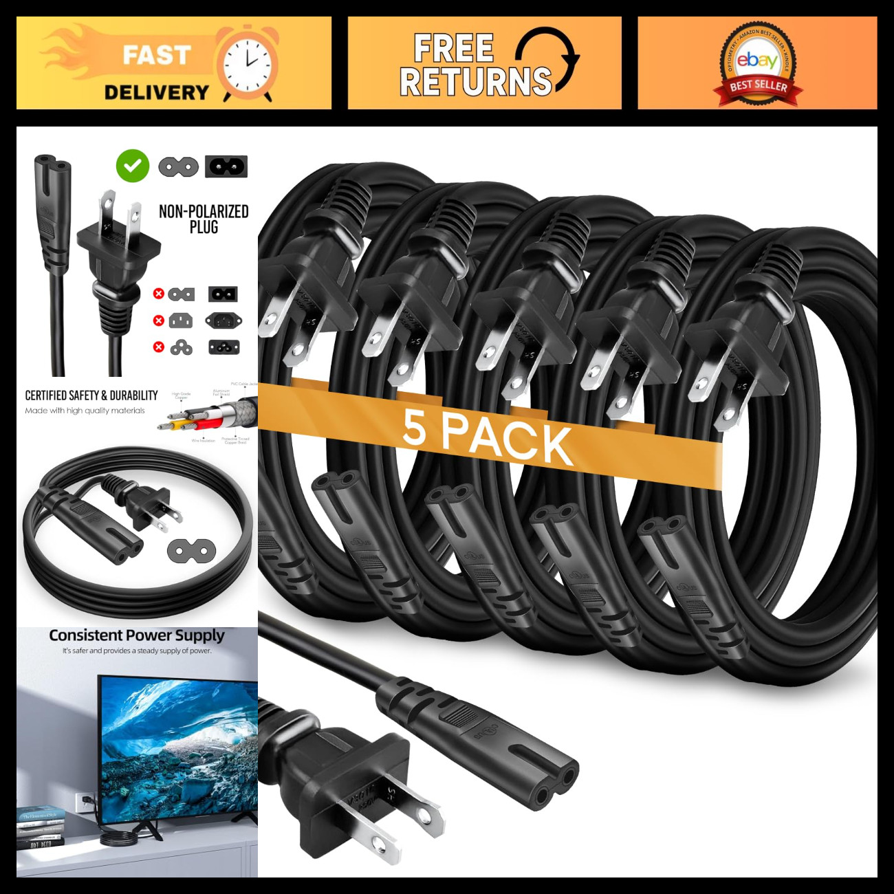 5-Pack 1ft AC Power Cord, 2 Prong C7 Cable for TV, PS5, PS4, Xbox, Speaker