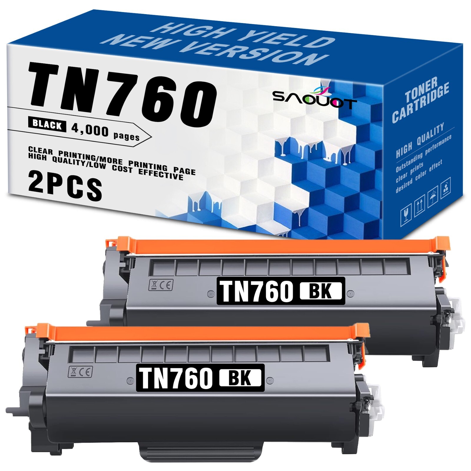 2PK TN-760 Black High Yield Toner for Brother TN760 TN730 MFC-L2710DW HL-L2350DW