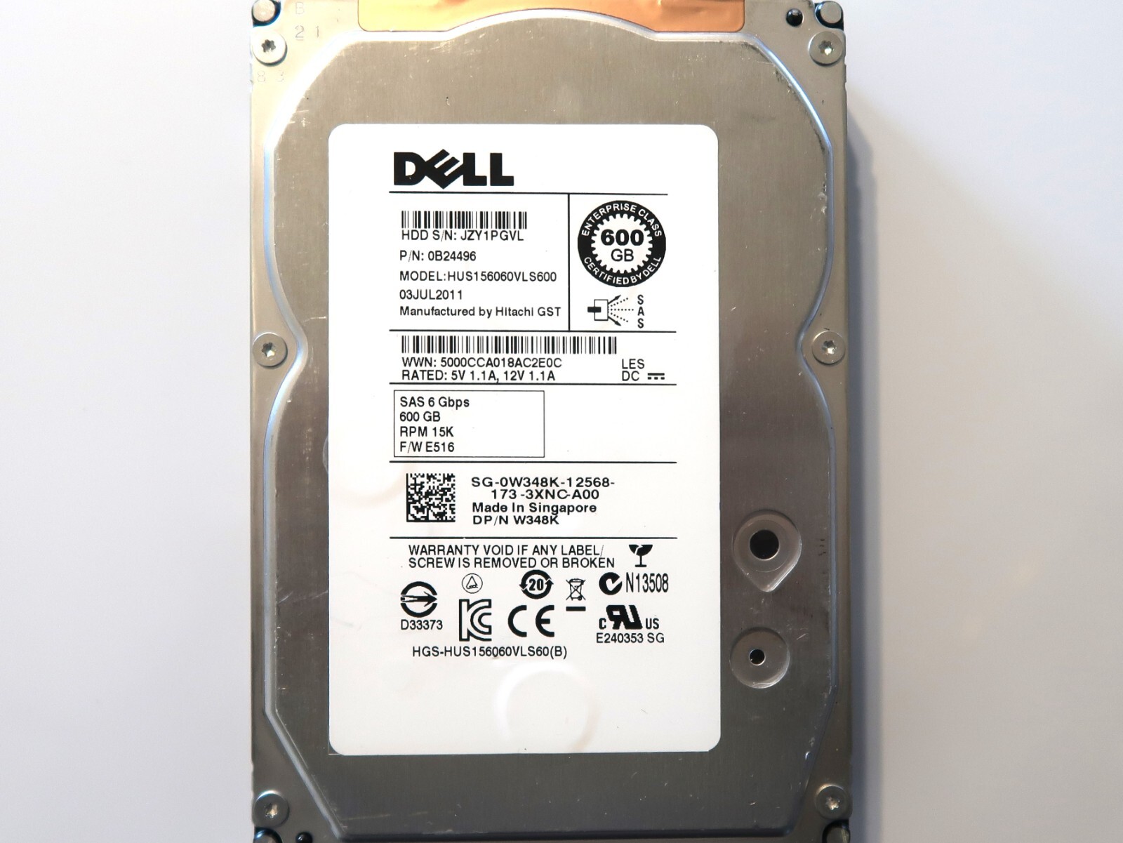 Hitachi HUS156060VLS600 0B24496 E516 (JZY) Singapore 600gb SAS 3.5" 03JUL2011