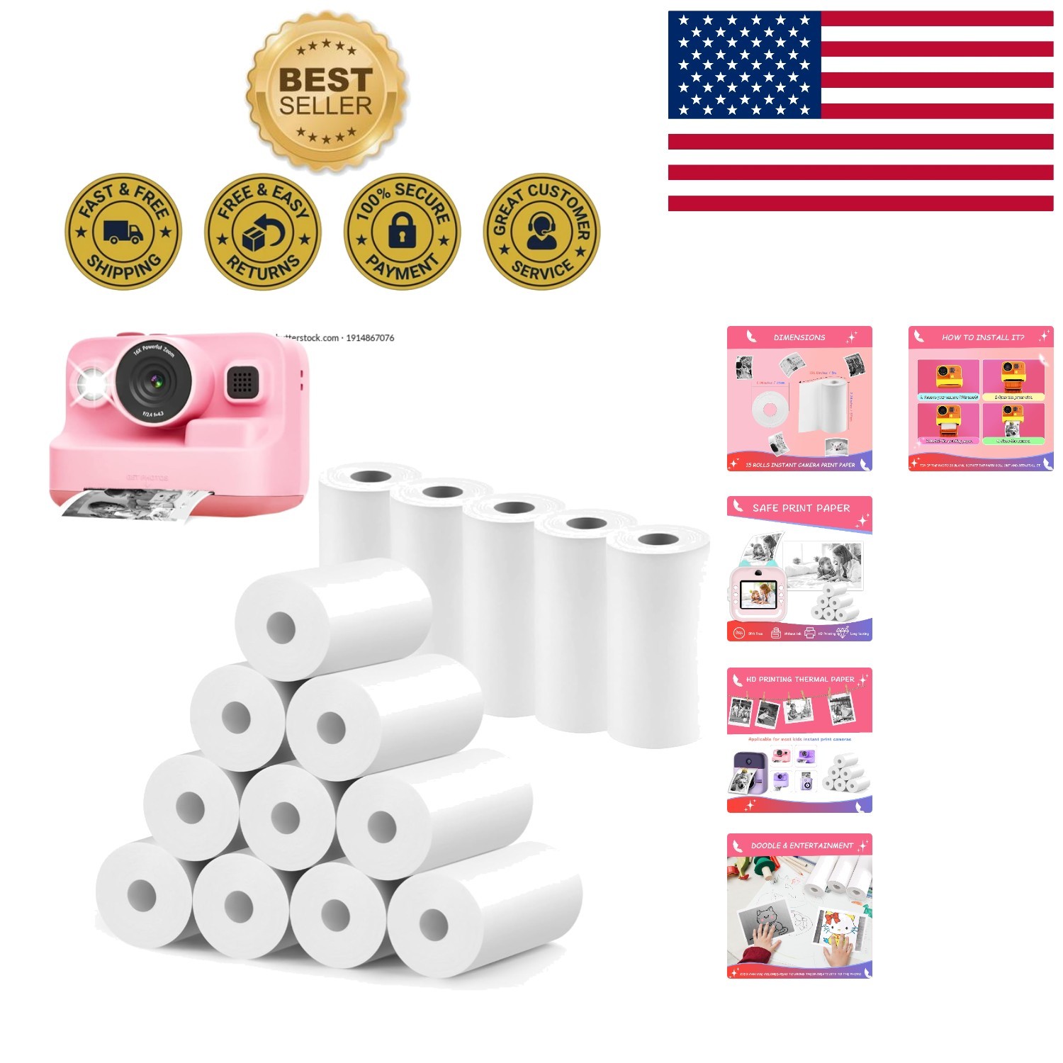 15 Rolls of Instant Camera Refill Paper - HD Glossy Finish for Kids Cameras