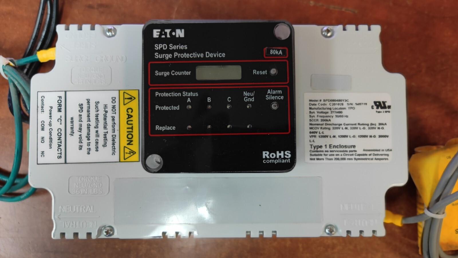 Eaton SPD Surge Protector 277/480 V Delta  SPD080480Y3C  80kA Protective Device