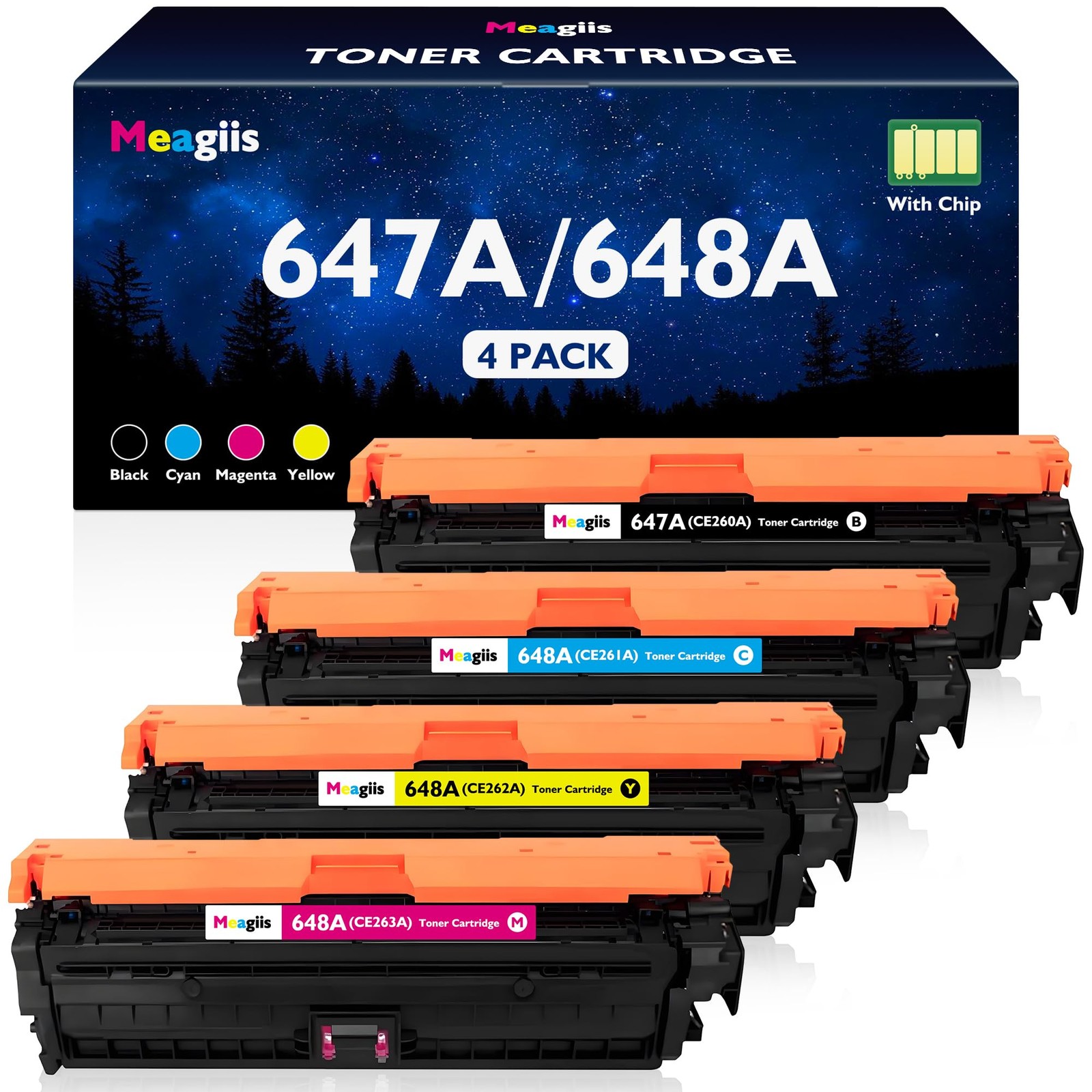 ** NEW HP Toner | 647A / 648A | Black / Color | With Chips | Compatible | 4-Pack