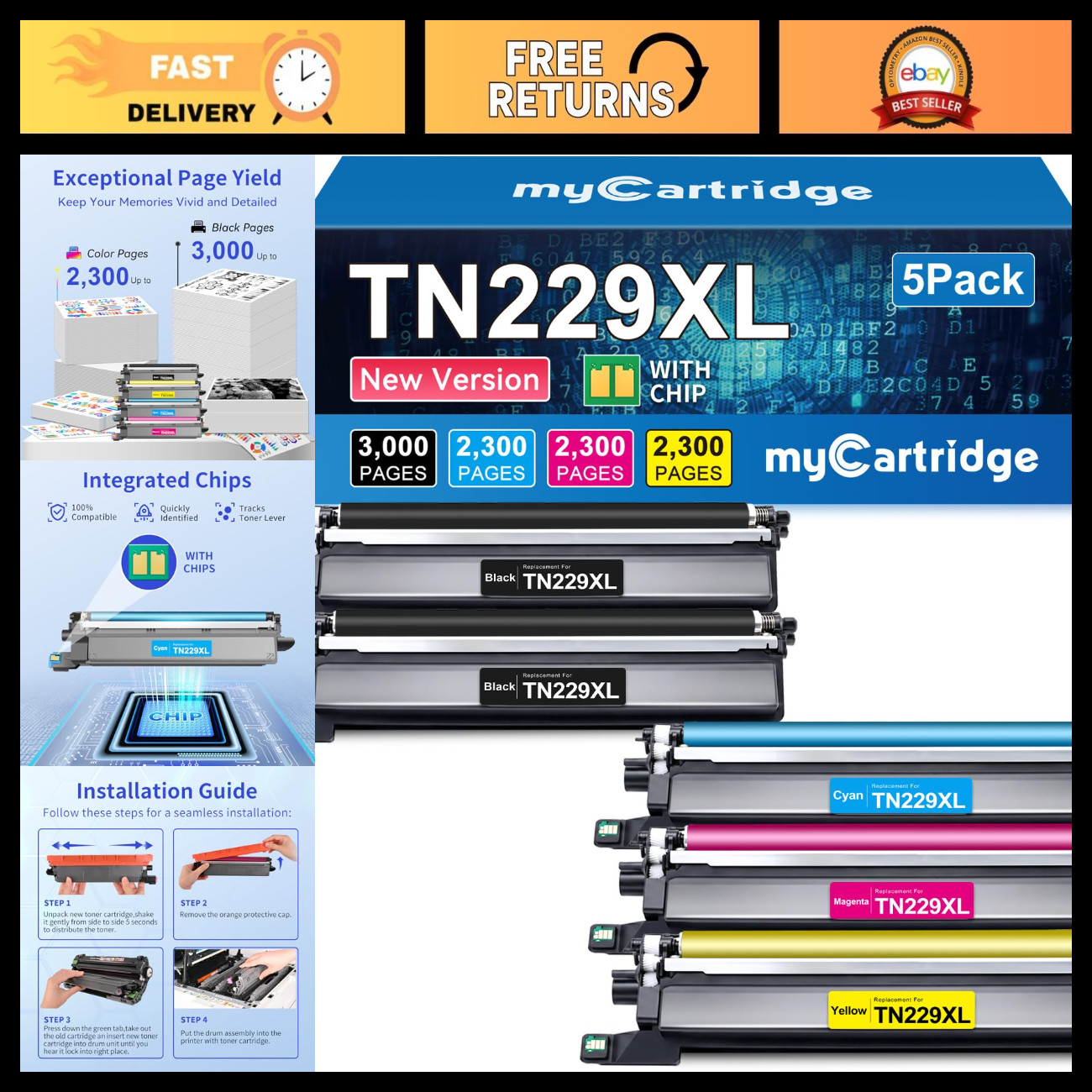High Yield Toner Cartridges 5 Pack Compatible for Brother TN229 TN-229XL