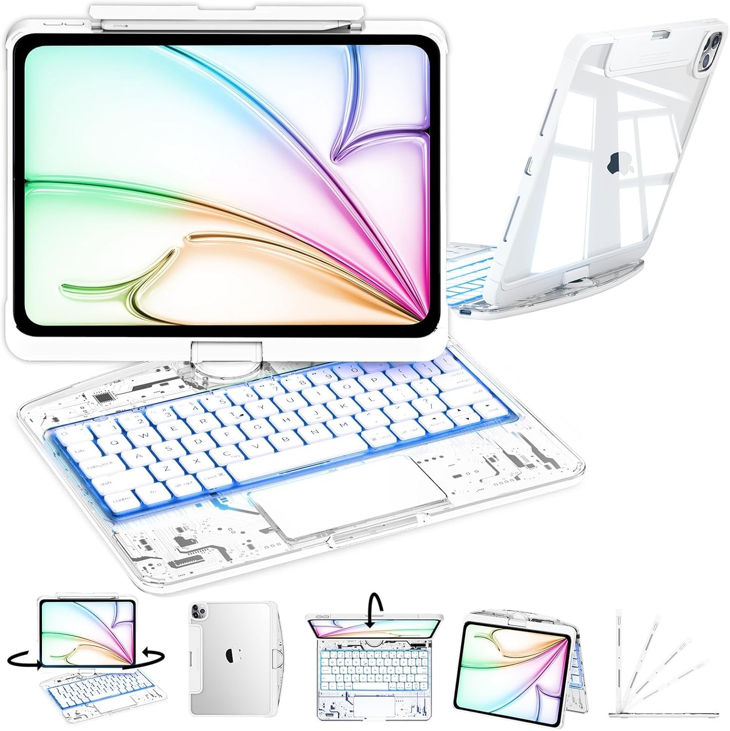 Transparent Keyboard Case for iPad 10th 10.9"&11th A16 11" 360° Rotating Backlit