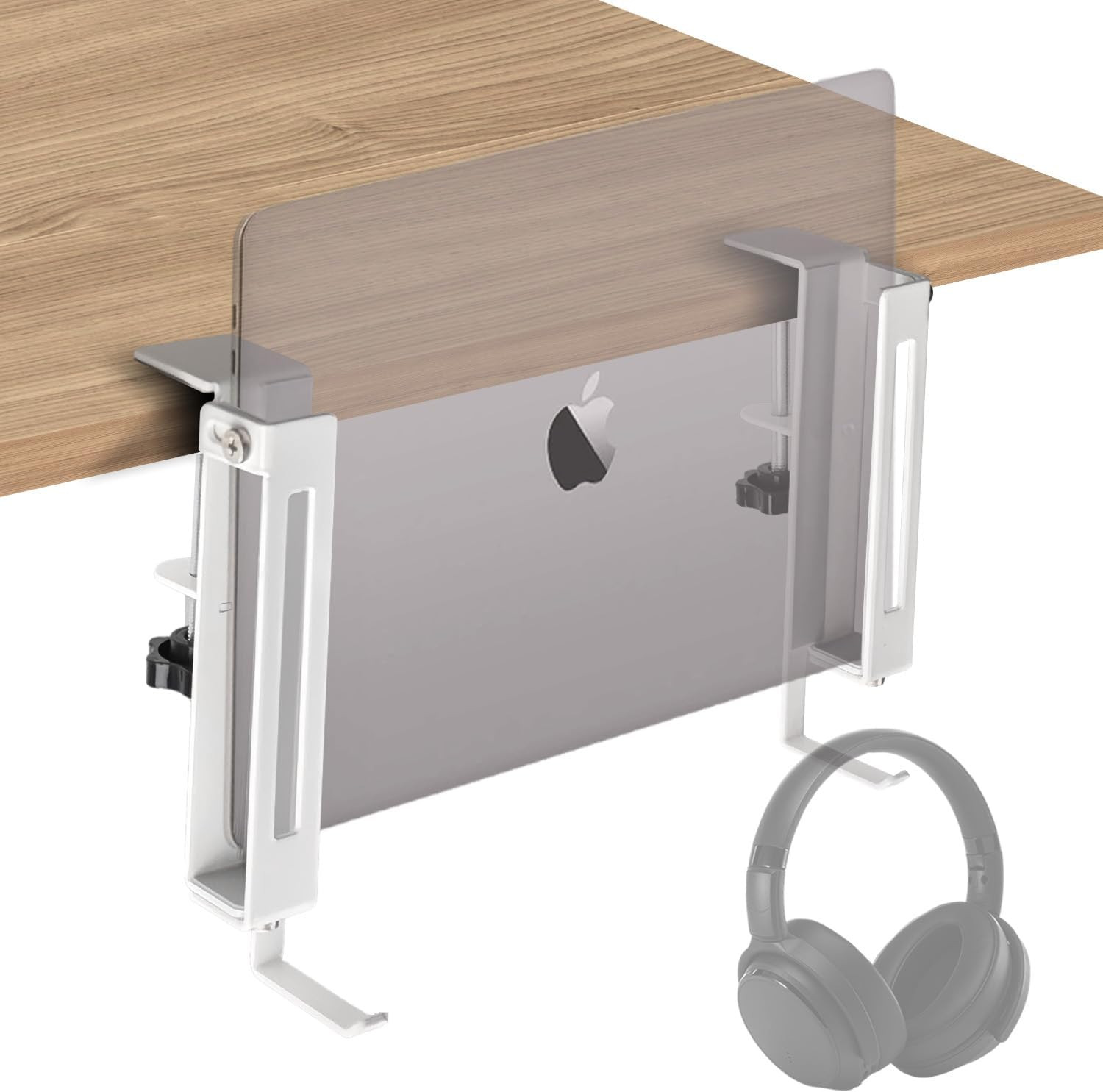 No Drill Adjustable Desk Side Laptop Mount Headphone Hook (White)