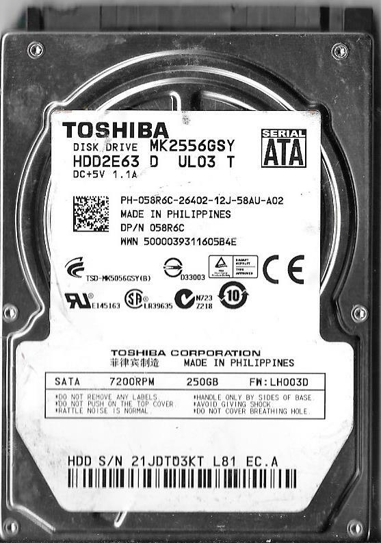 Toshiba MK2556GSY HDD2E63 D UL03 T 250GB Sata Hard Drive 