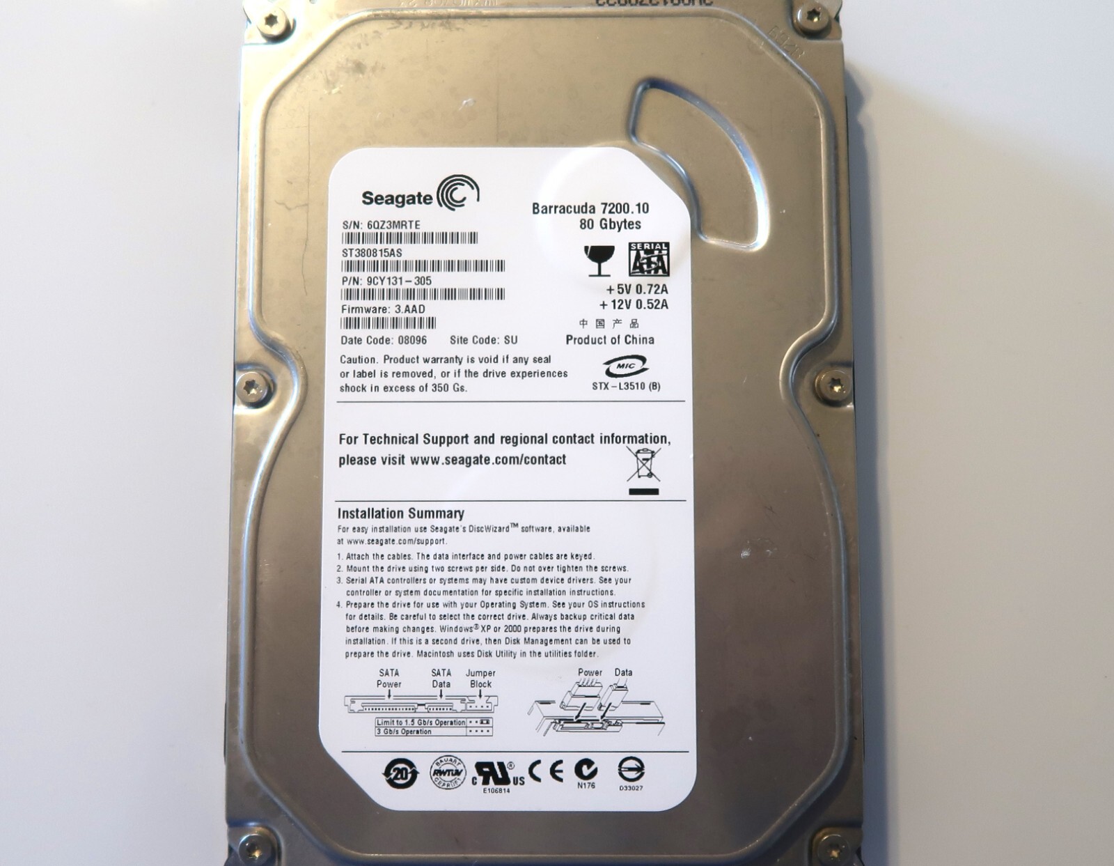 Seagate ST380815AS PN: 9CY131-305 FW:3.AAD China Site:SU 80gb 3.5" Sata 2007