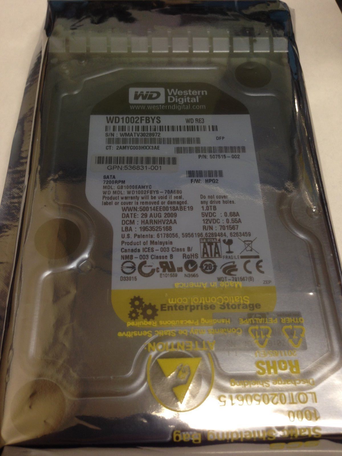 HP 454146-B21 536648-001 WD1002FBYS 536831-001 1TB 3G SATA 7.2K RPM 3.5"