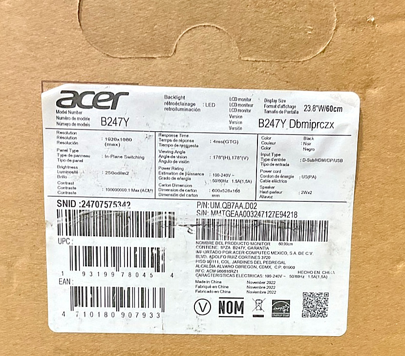 Acer Vero B247Y Monitor UM.QB7AA.D02 ✨🔥✨NEW OPEN BOX✨🔥✨