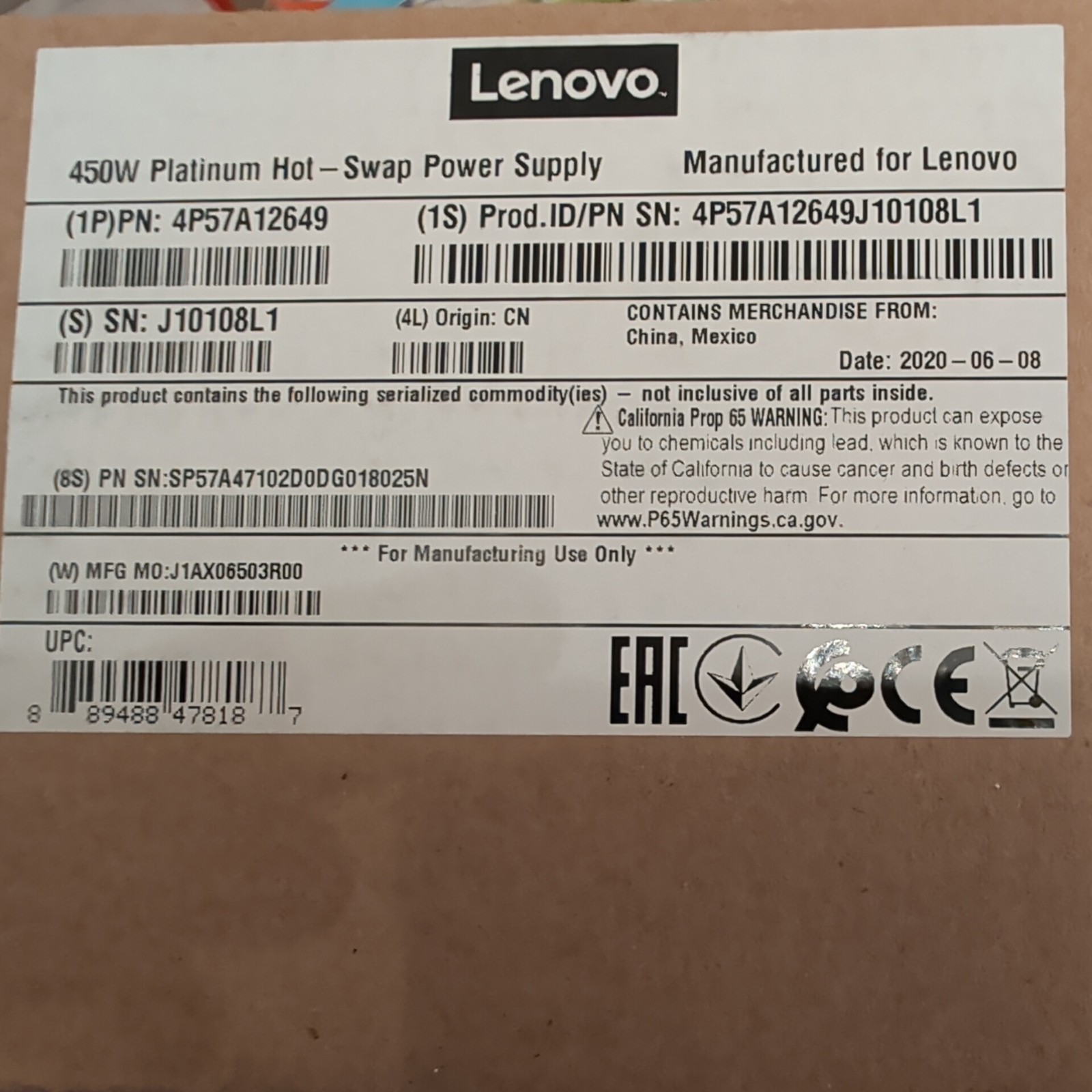 lenovo power supply 450w 4P57A12649 