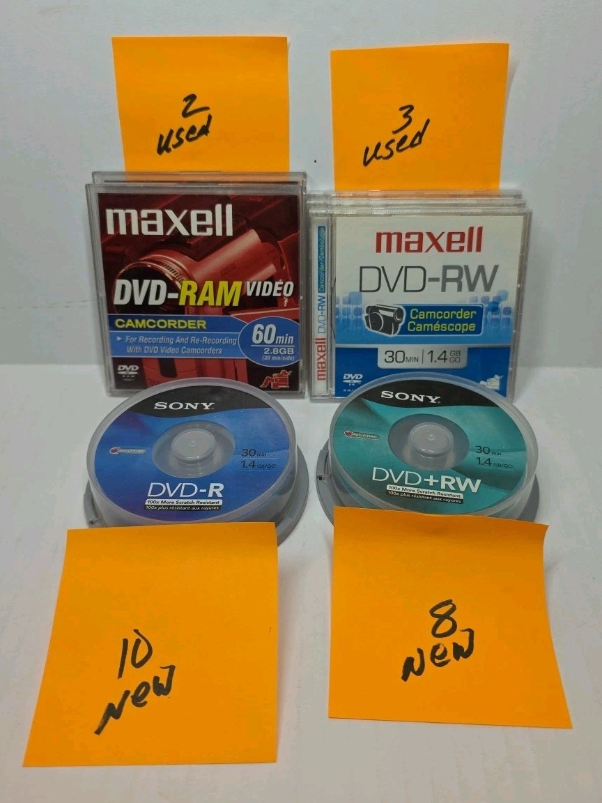 Lot Of New Sony Camcorder DVD+RW 8 disc Sony DVD-R 10 Disc 5 Used Maxell Disc 