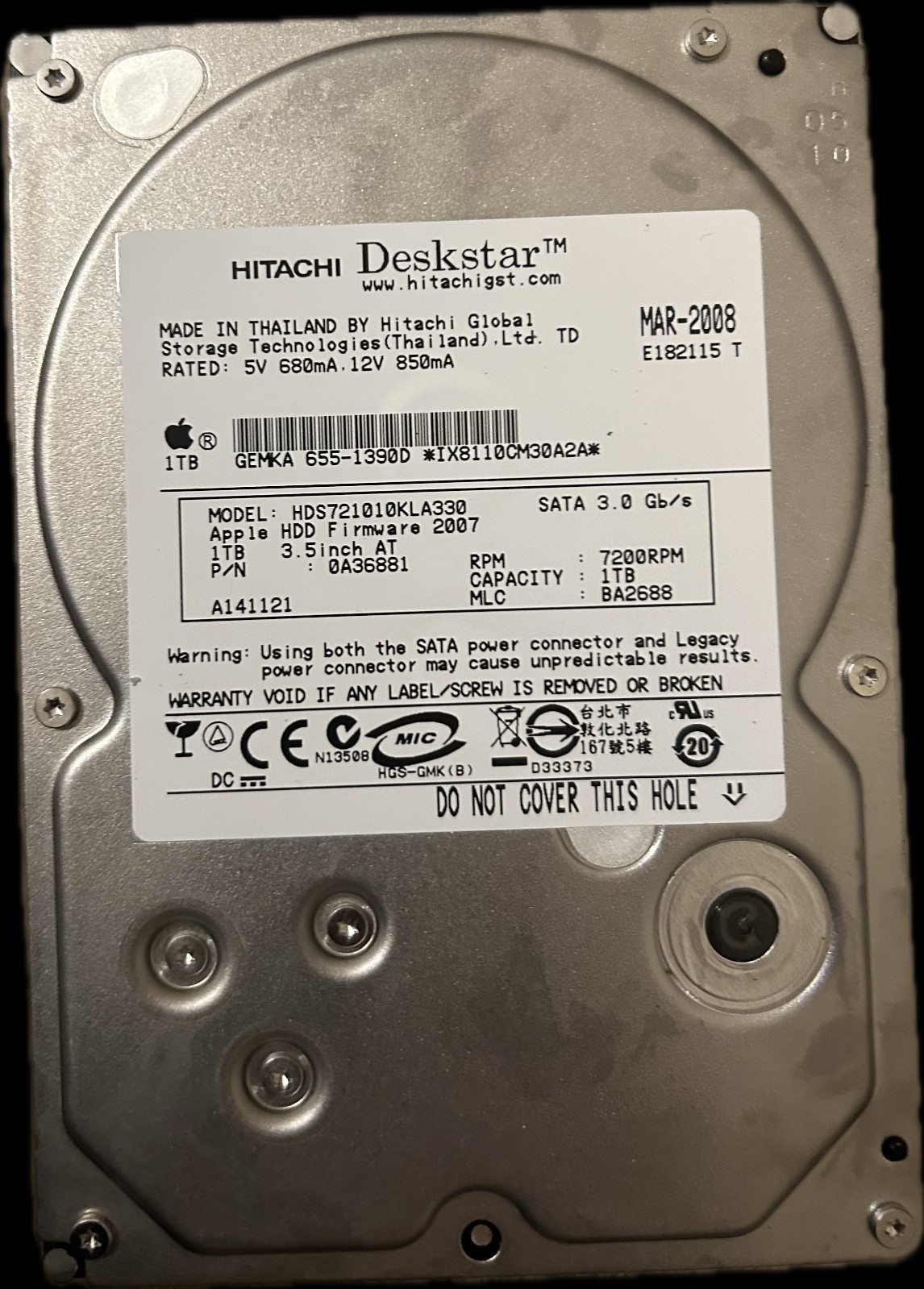 Hitachi Deskstar 7K1000 1000GB Internal 7200RPM 3.5" Apple 1TB Time Capsule HDD