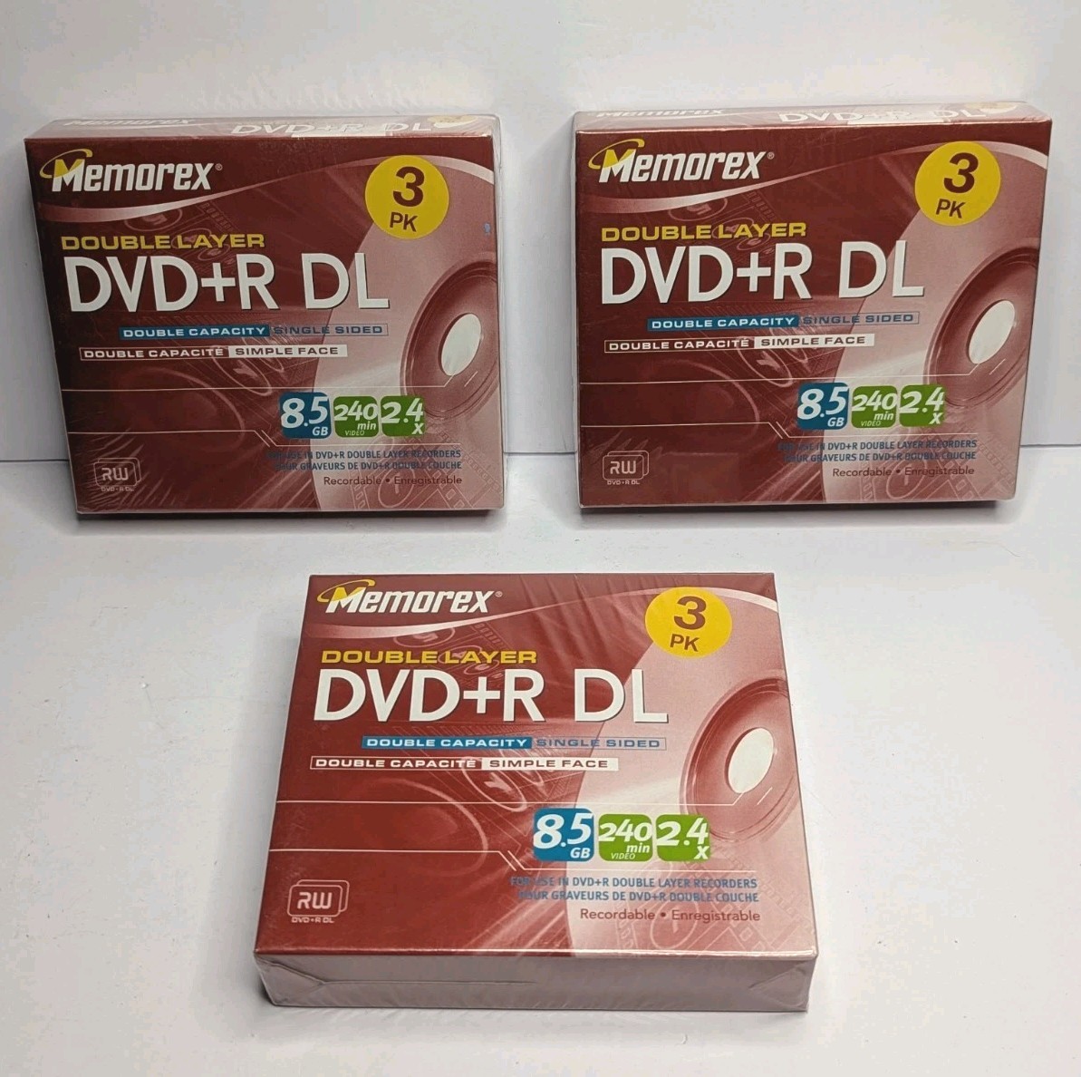 Lot of 3 Memorex Double Layer DVD+R DL 3 Pack Single Sided 240 min 8.5GB