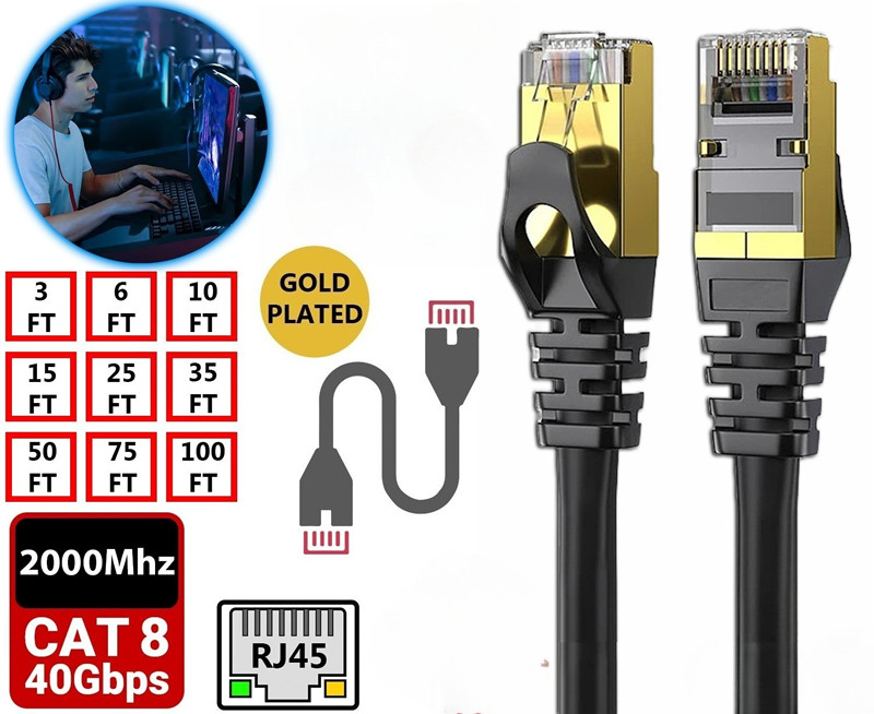 Cat 8 Ethernet RJ45 Cable 40Gbps Super Speed Patch LAN Network Gold Plated Lot