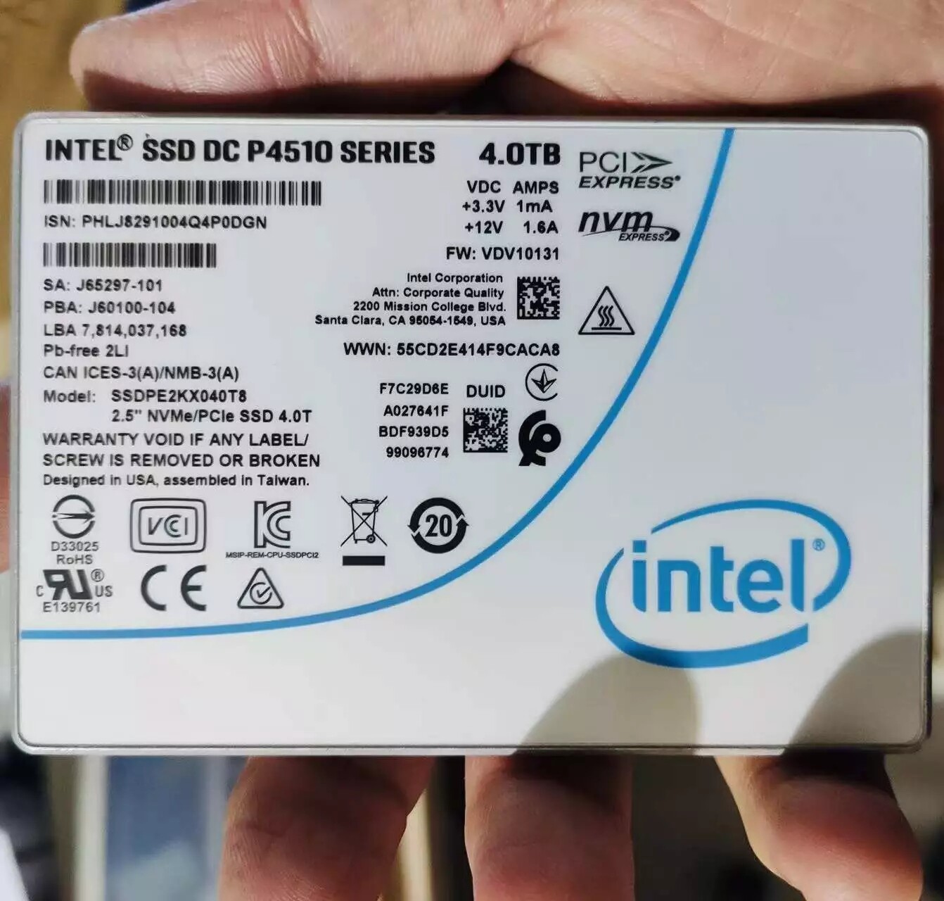 Intel SSD DC Series P4510 4TB NVME U.2 2.5" SSDPE2KX040T8 Solid State Drive