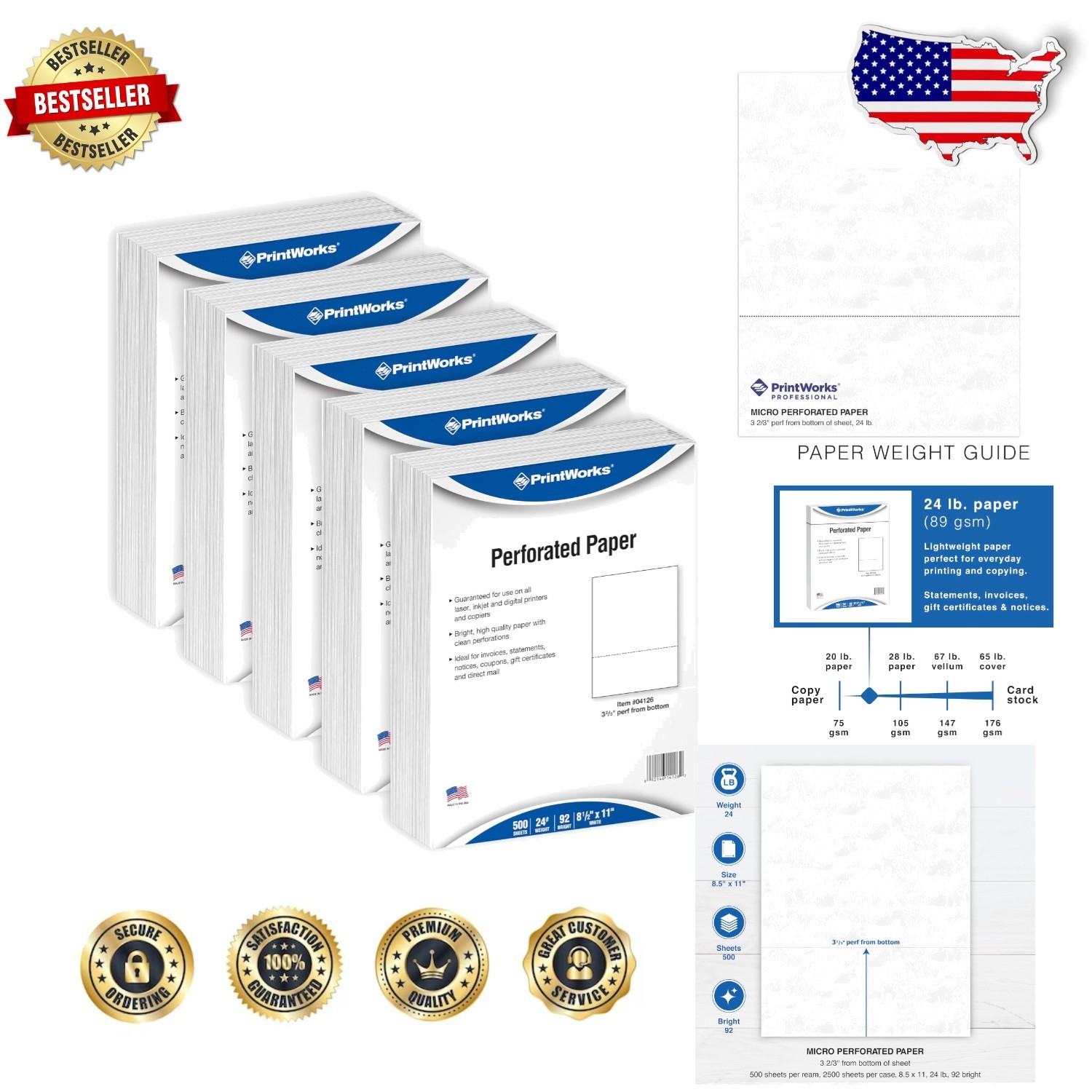 High-Quality Perforated Printer Paper 8.5x11 2500 Sheets 20lb USA Made