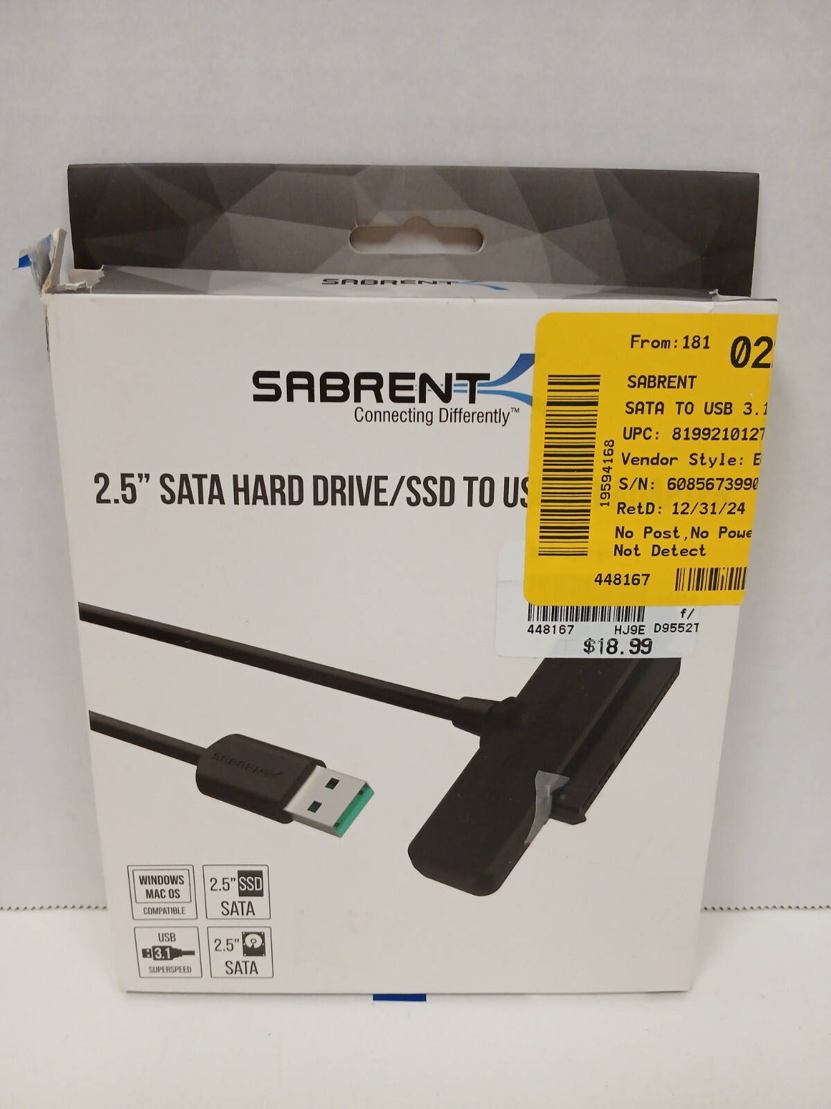SABRENT 2.5 inch Sata hard Drive/SSD to USB 3.1 Adapter