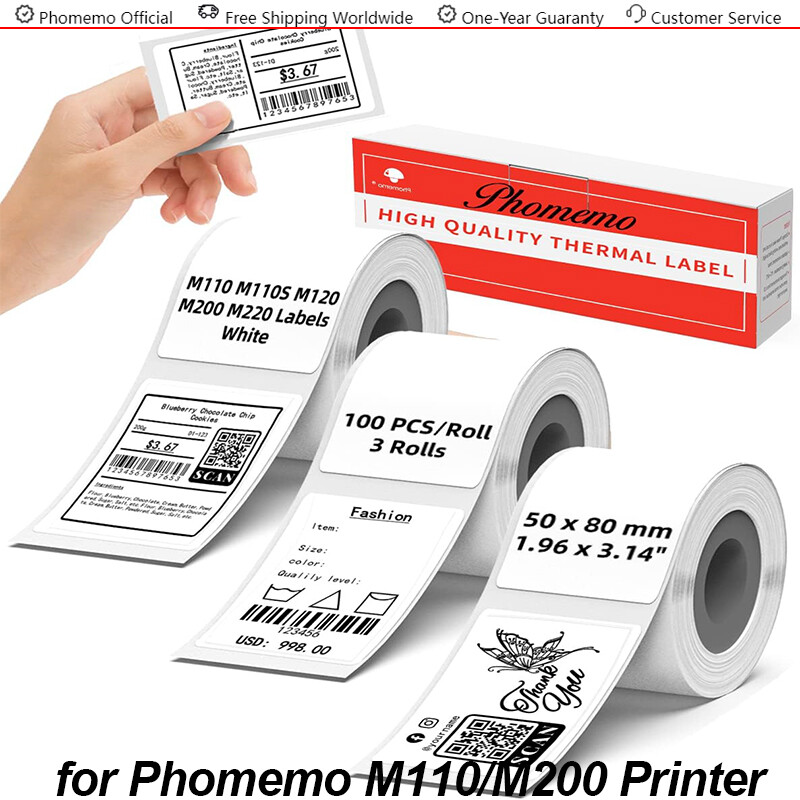 3-Roll 50x80mm Label Adhesive Tag Sticker Paper for Phomemo M110/M200 Printer
