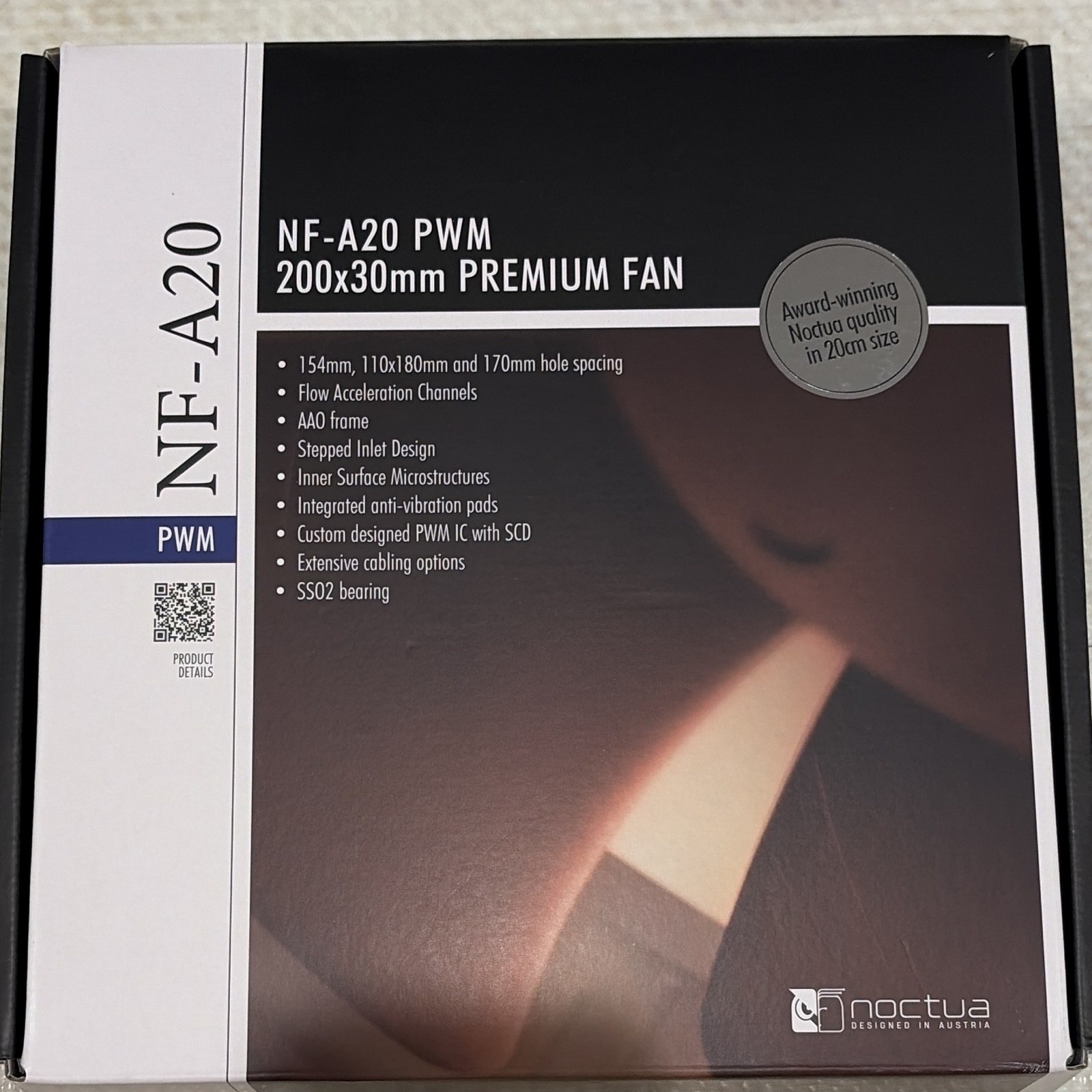 Noctua NF-A20 PWM 200mm Case Fan 4-Pin PWM 800RPM 86.5CFM SSO2